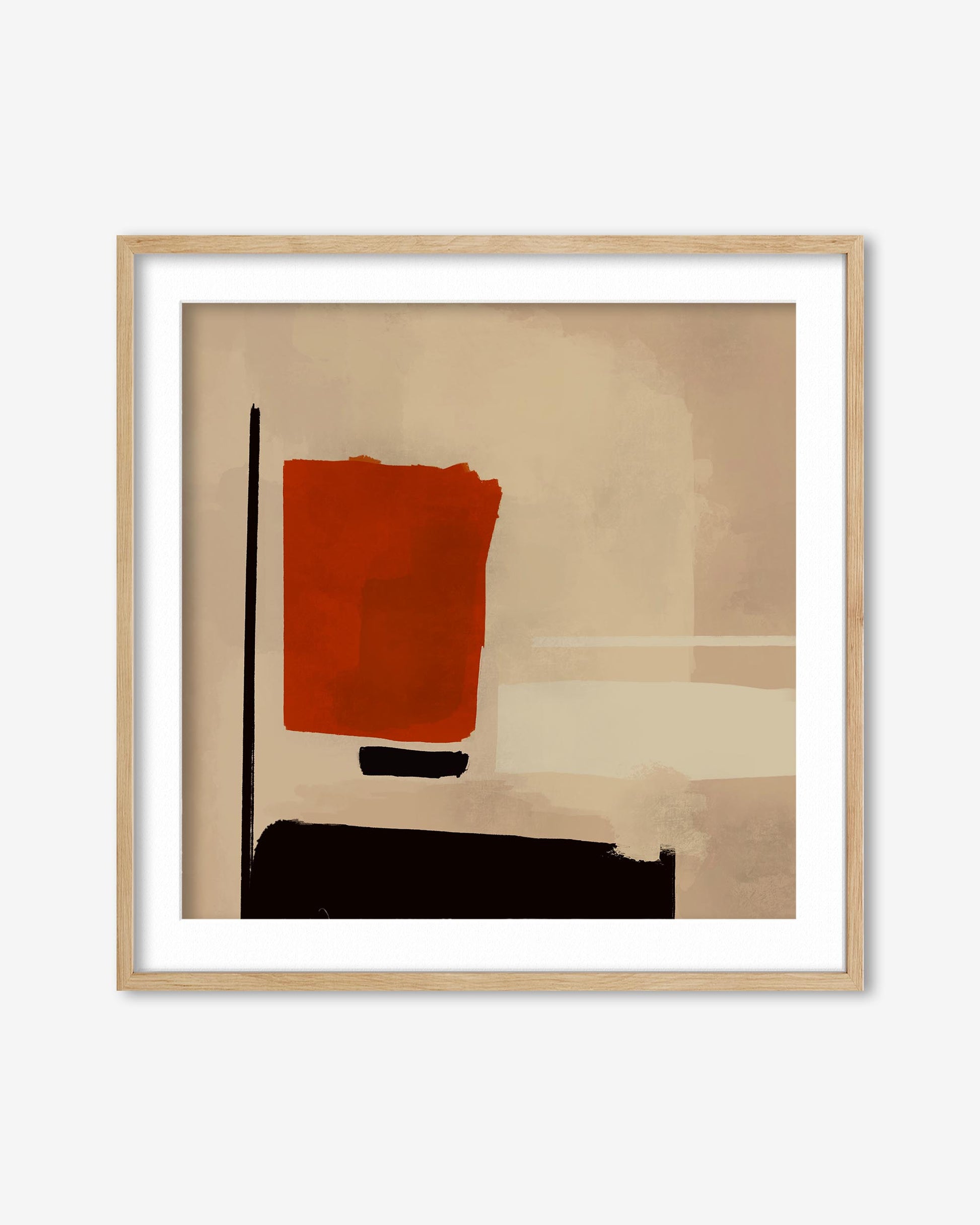 Abstract art print with a red square and black shapes on a beige background, framed in gold.