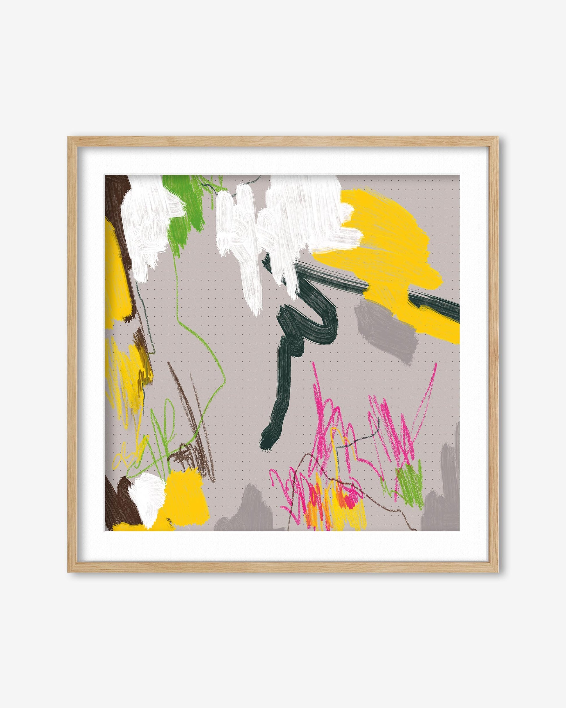 Framed abstract artwork with colorful elements on a gray background