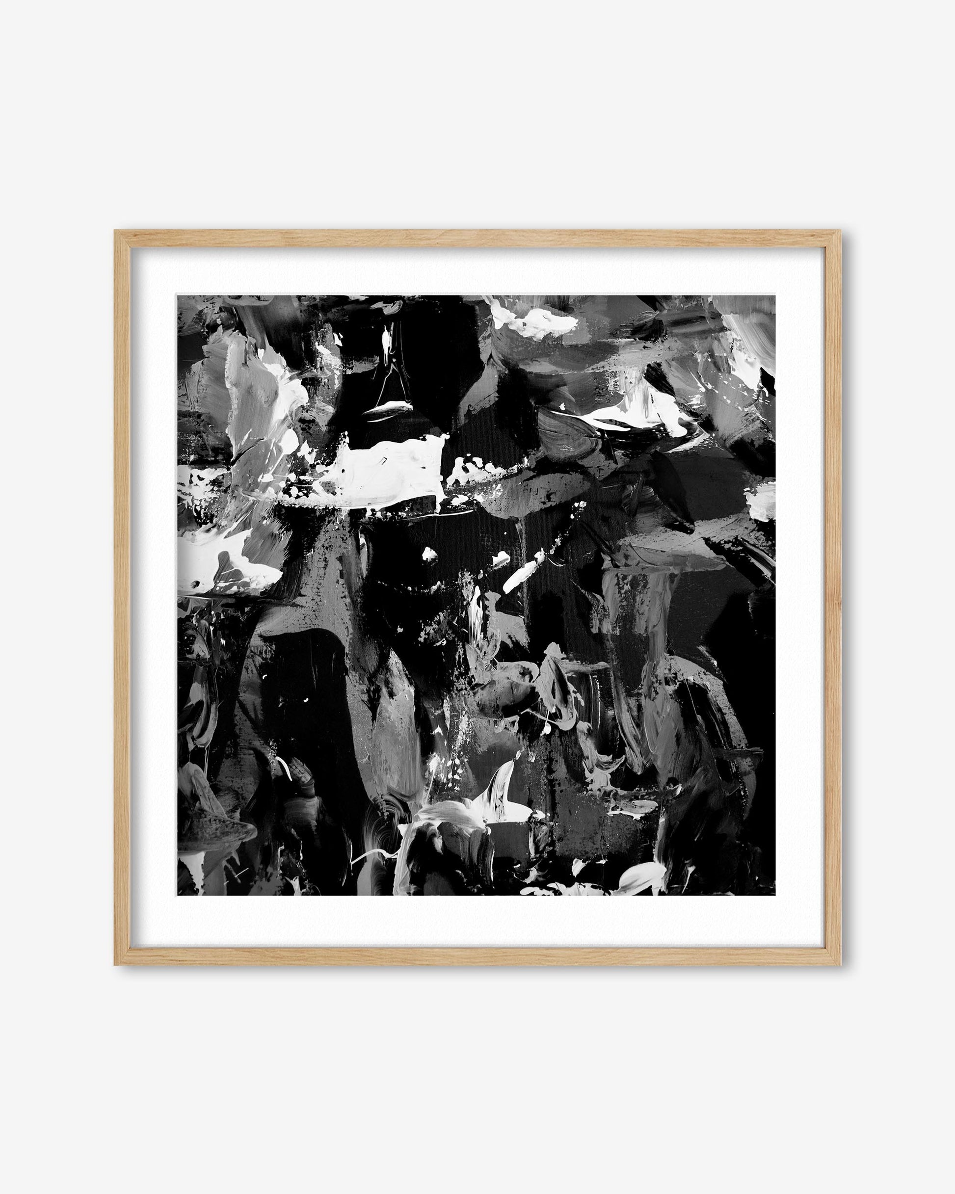 Framed black and white abstract art print on a white background