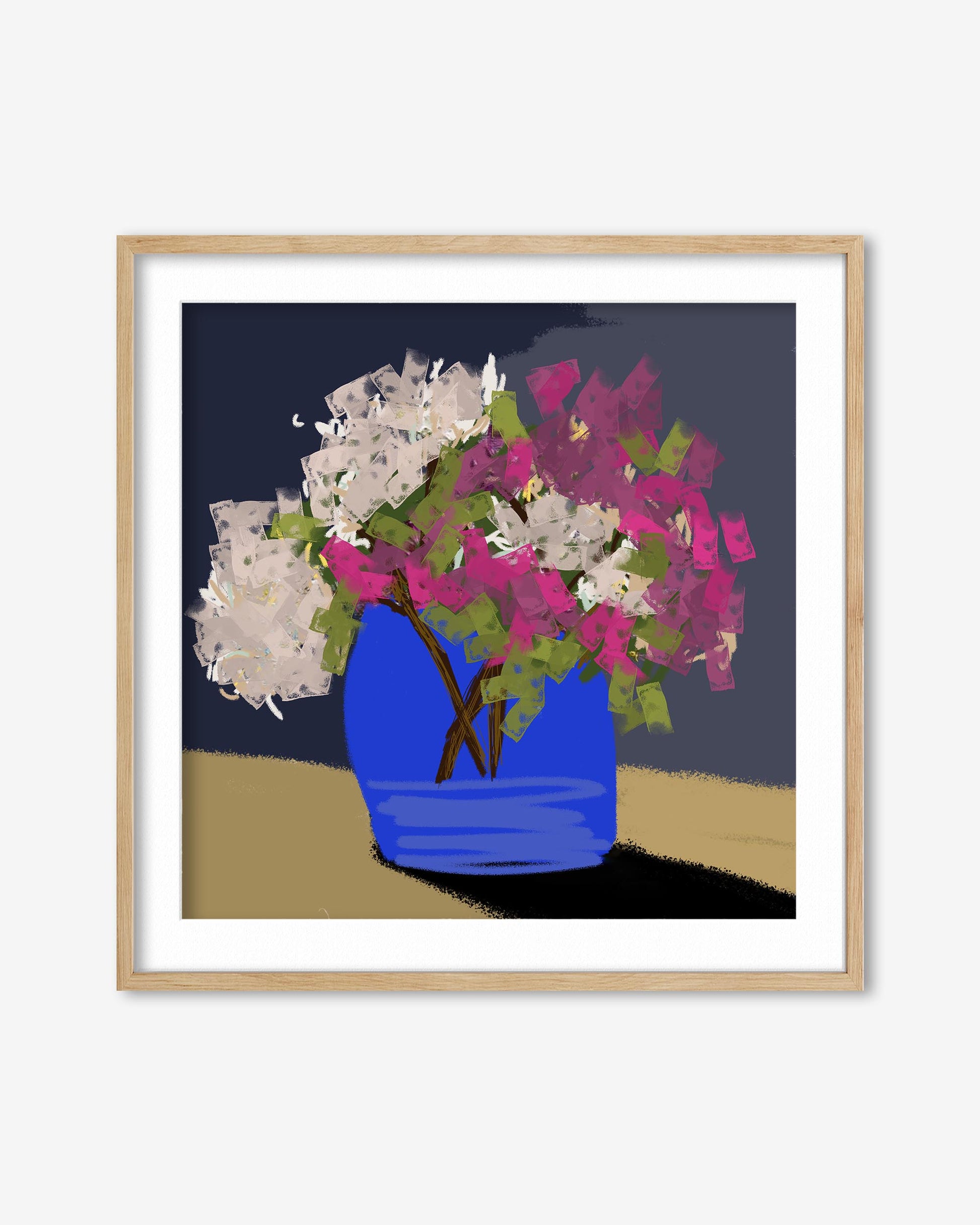 Framed artwork of a blue vase with flowers on a white background