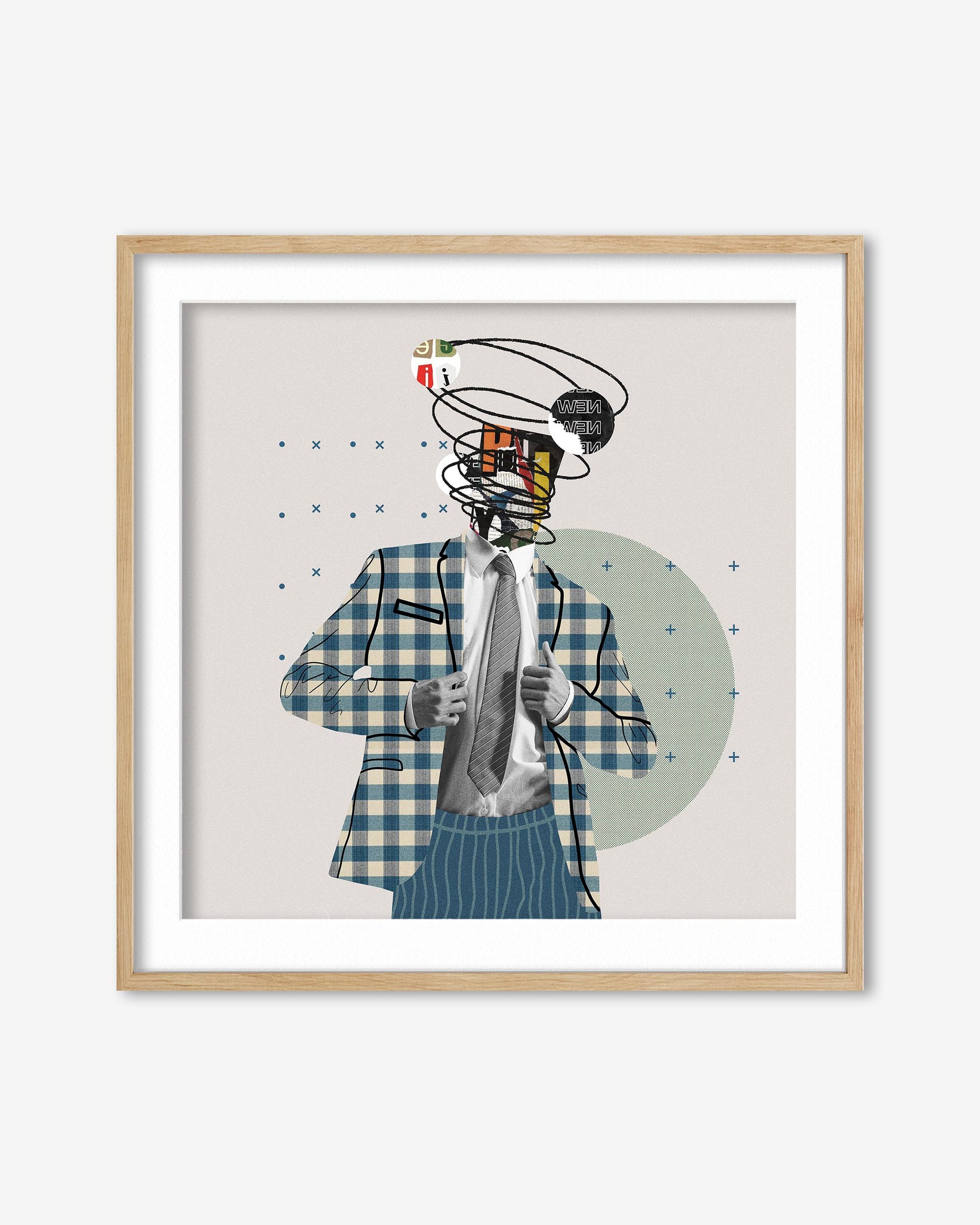 Framed artwork of a person in a checkered suit with a unique head design on a beige background.