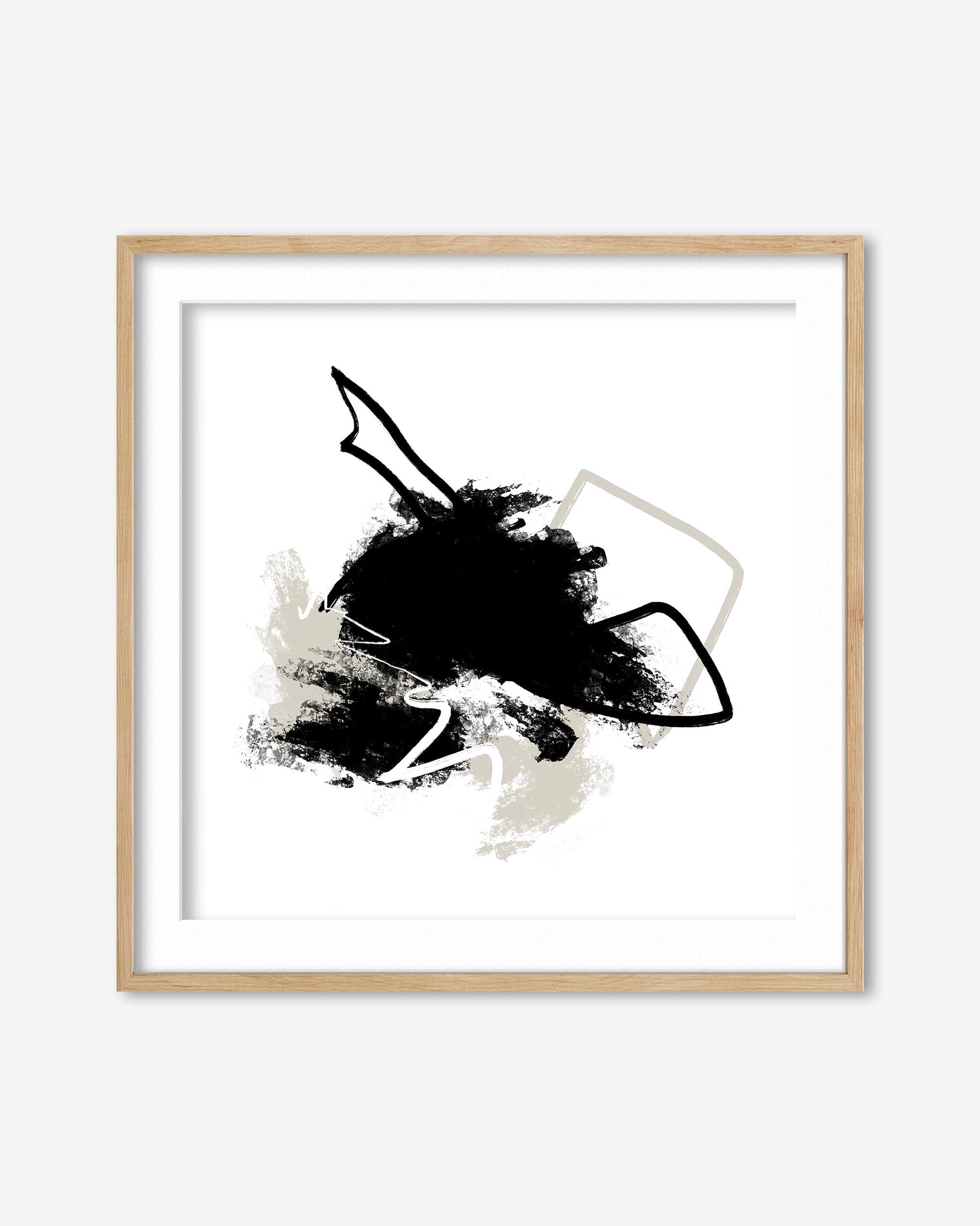 Abstract black and white artwork in a wooden frame on a white background