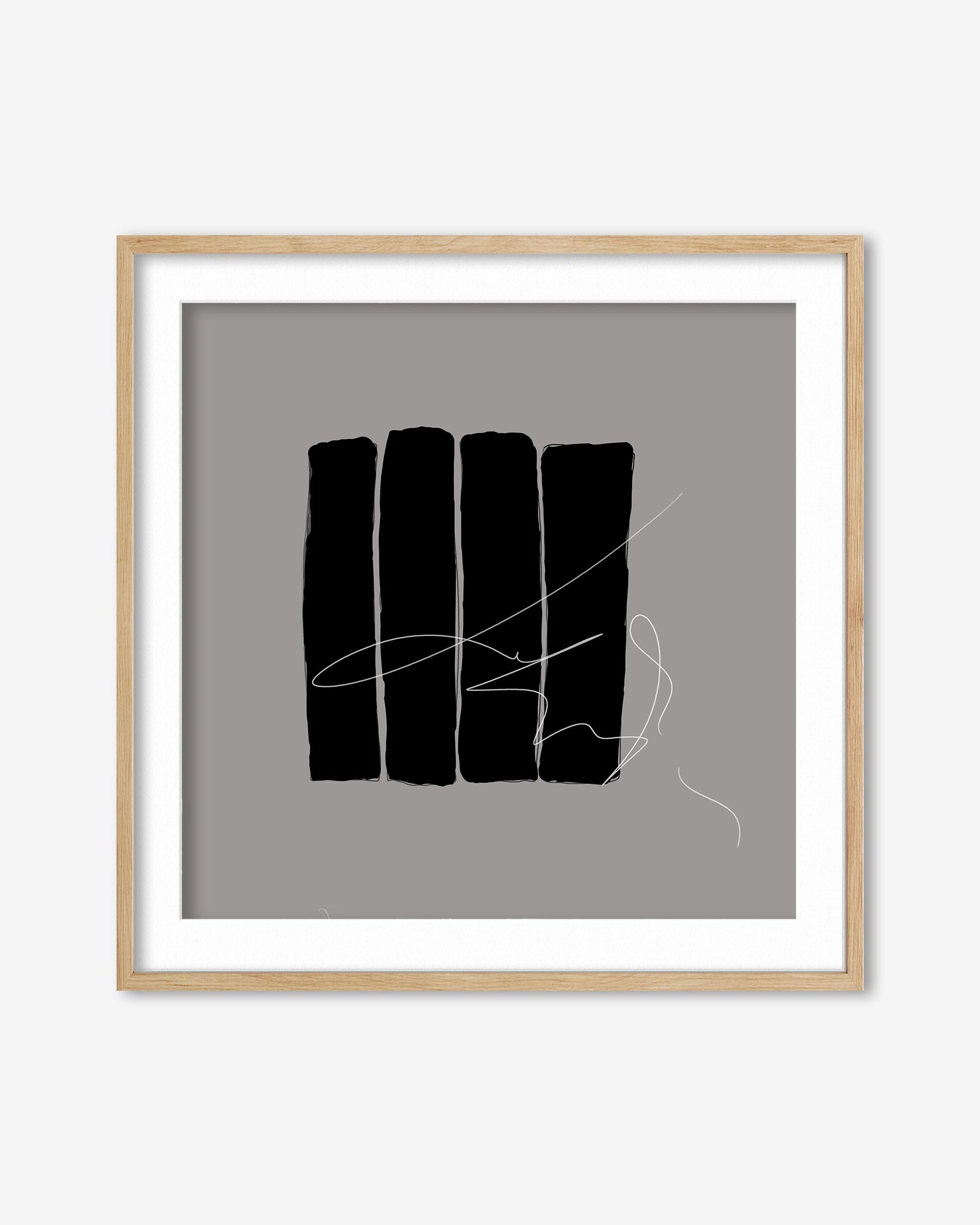 Framed abstract art print with black shapes on a gray background