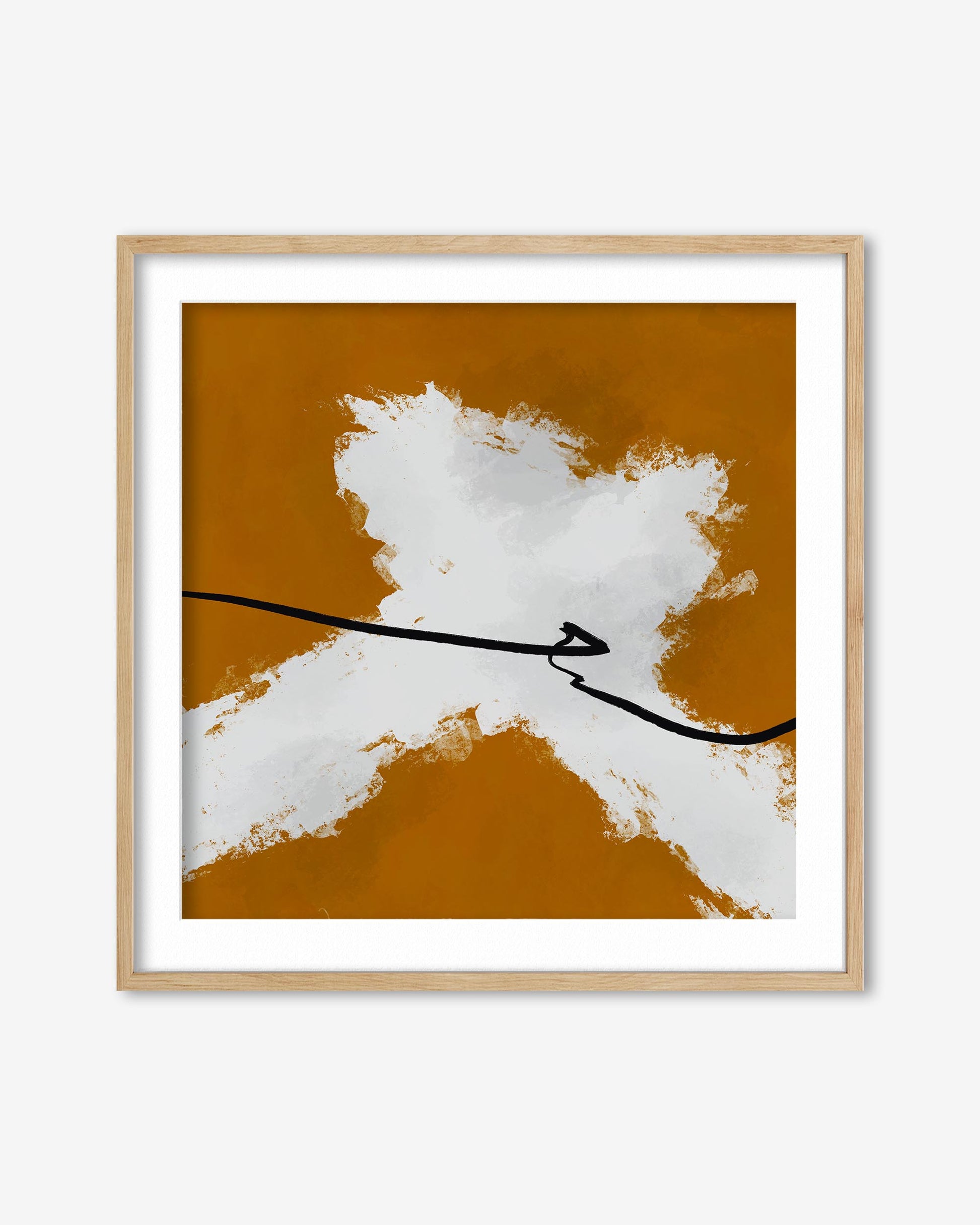 Framed abstract art with white and brown colors on a white background