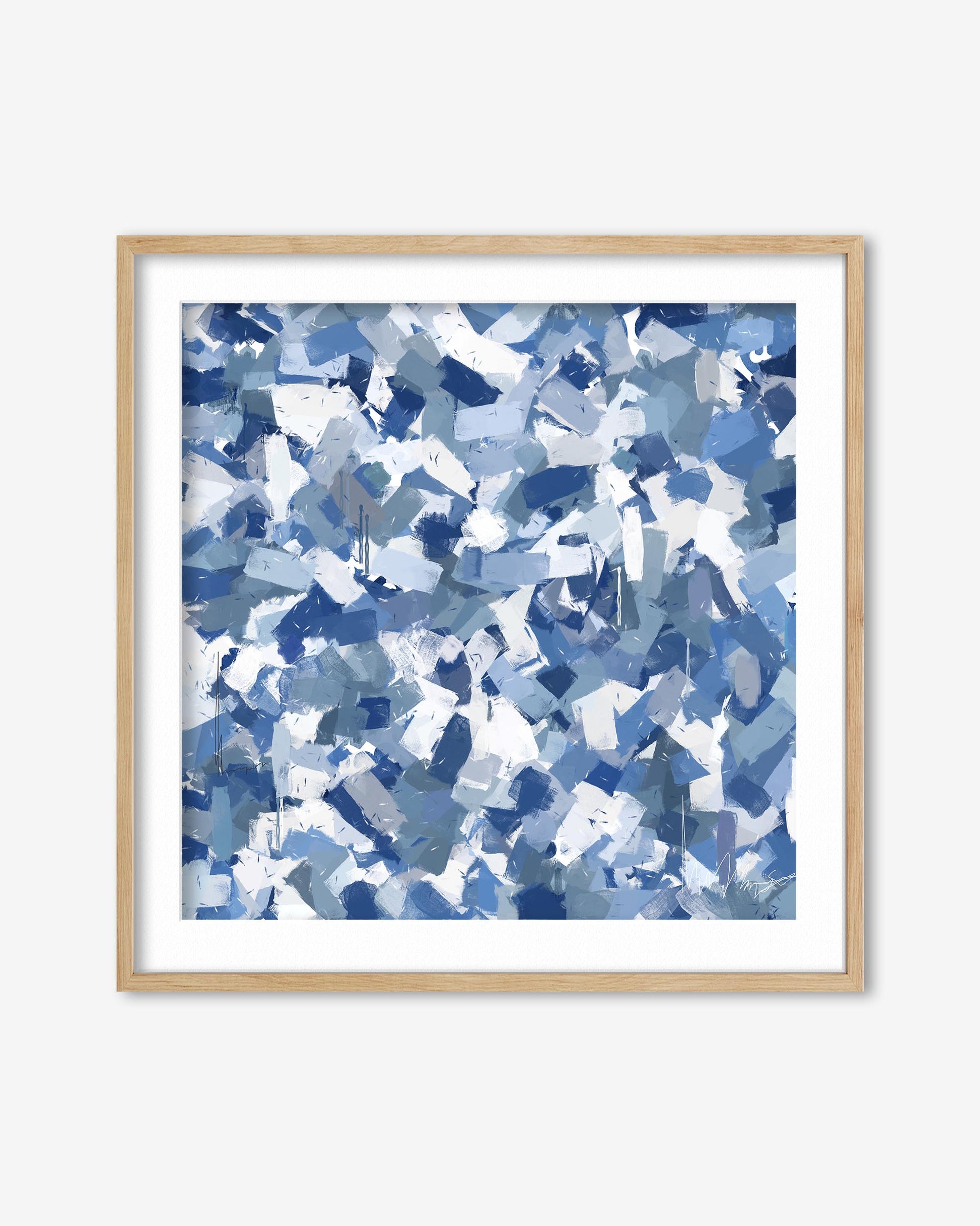 Framed abstract art print with blue and white pattern on a white background
