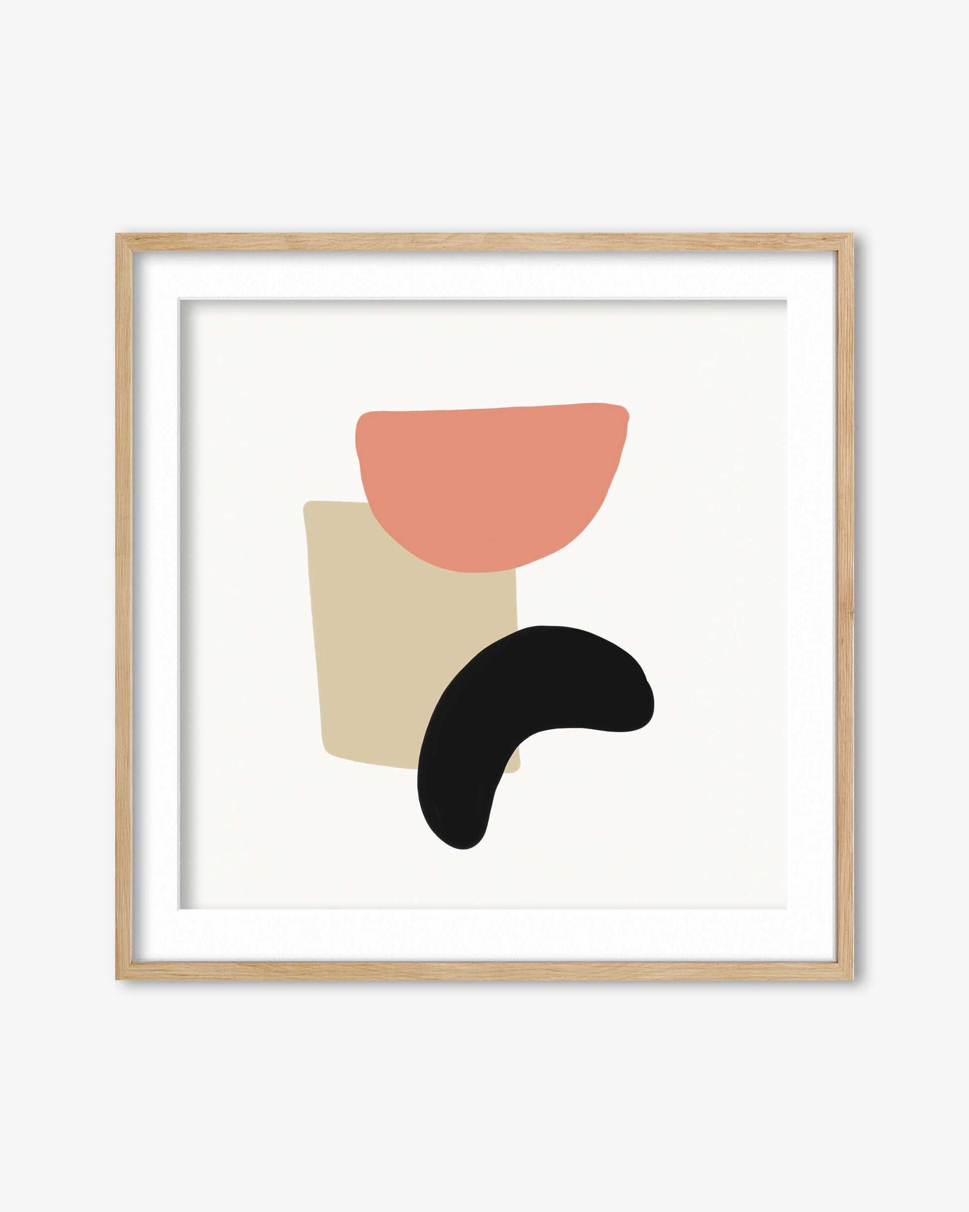 Framed abstract art print with geometric shapes on a white background