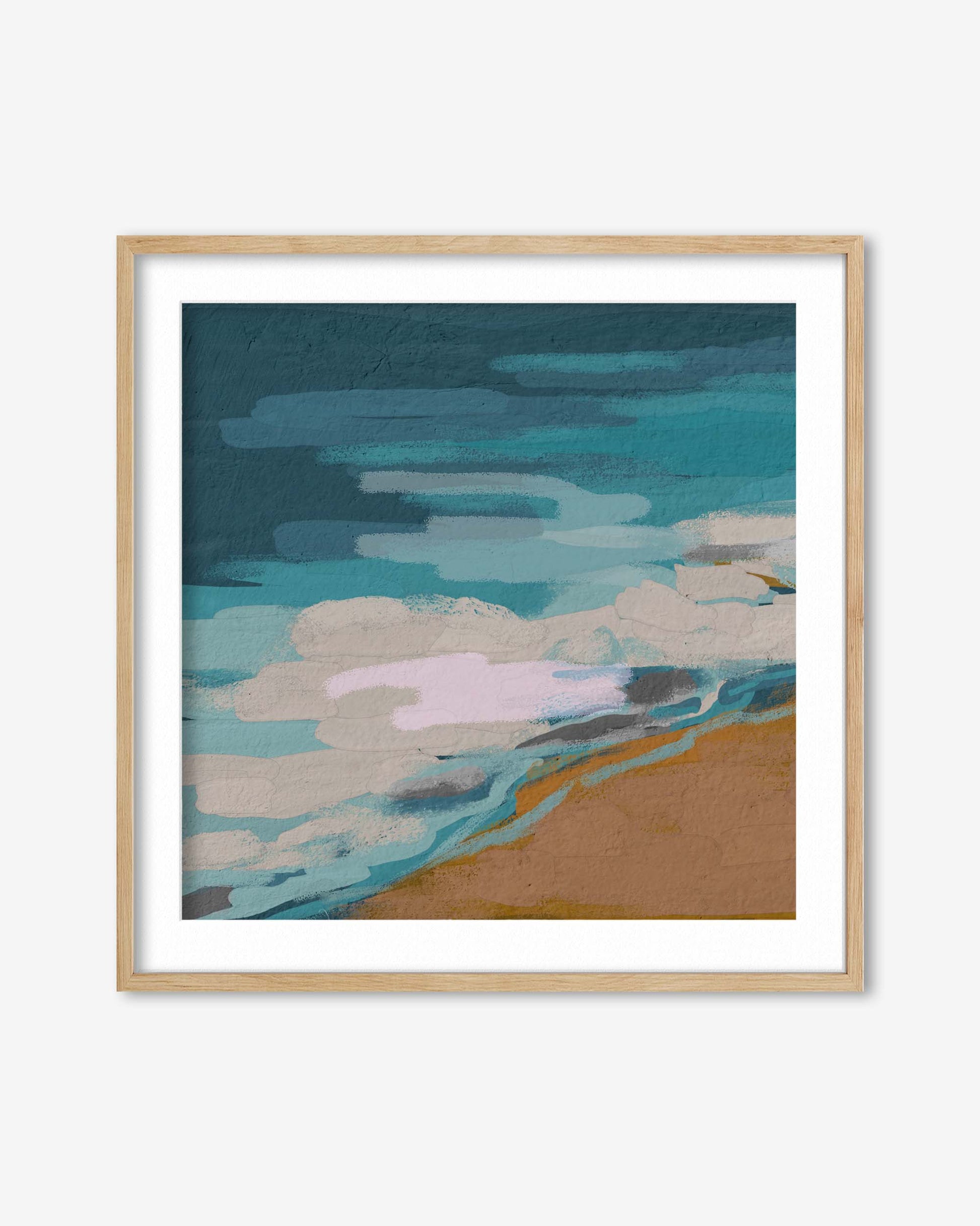 Framed abstract artwork with blue, green, and brown colors on a white background