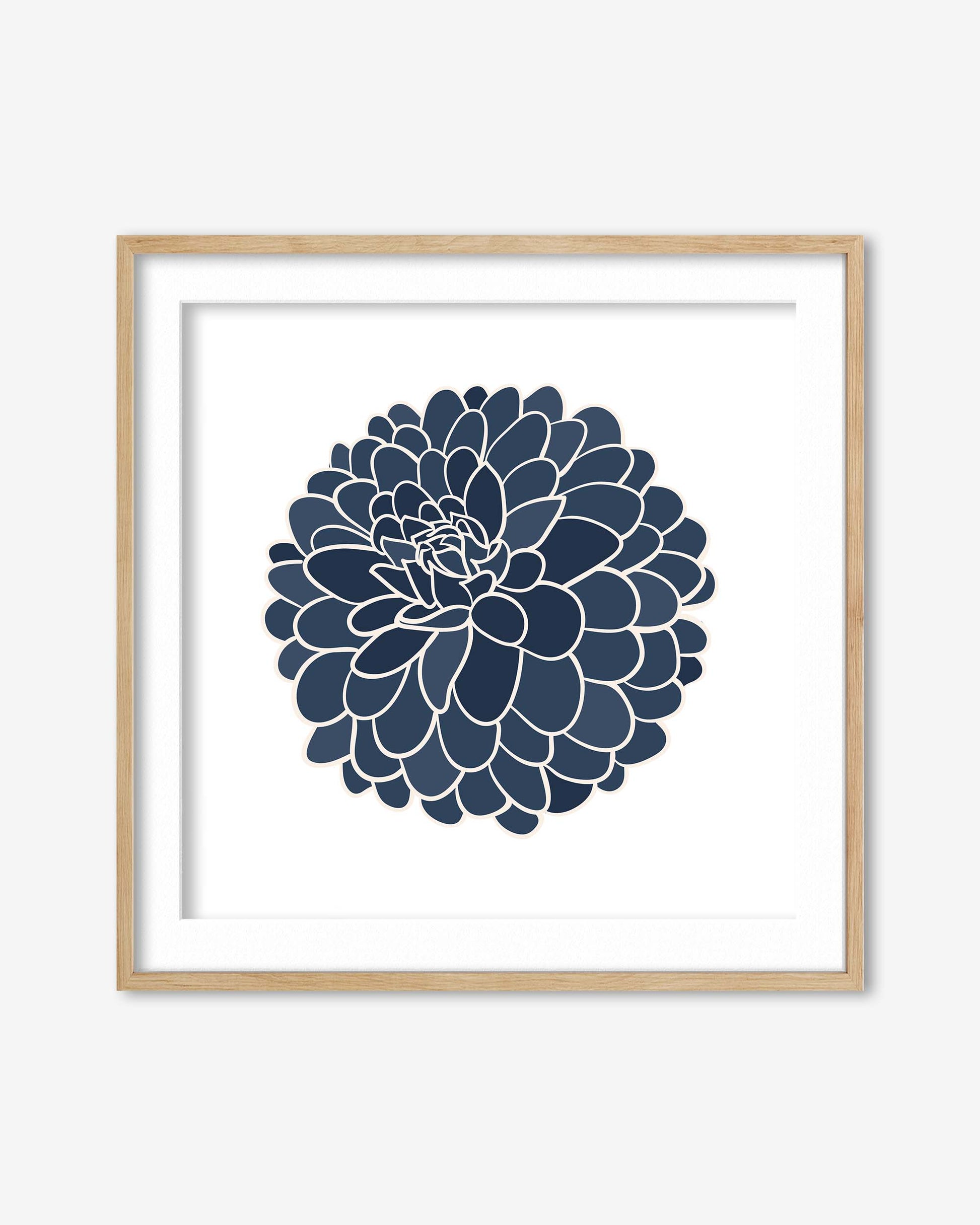 Framed artwork with a navy blue floral design on a white background