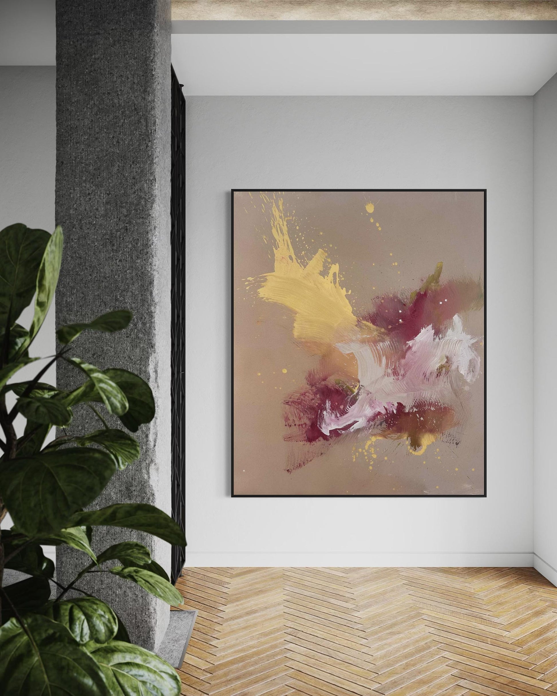 Abstract art piece on a wall in a room with a plant and wooden floor.