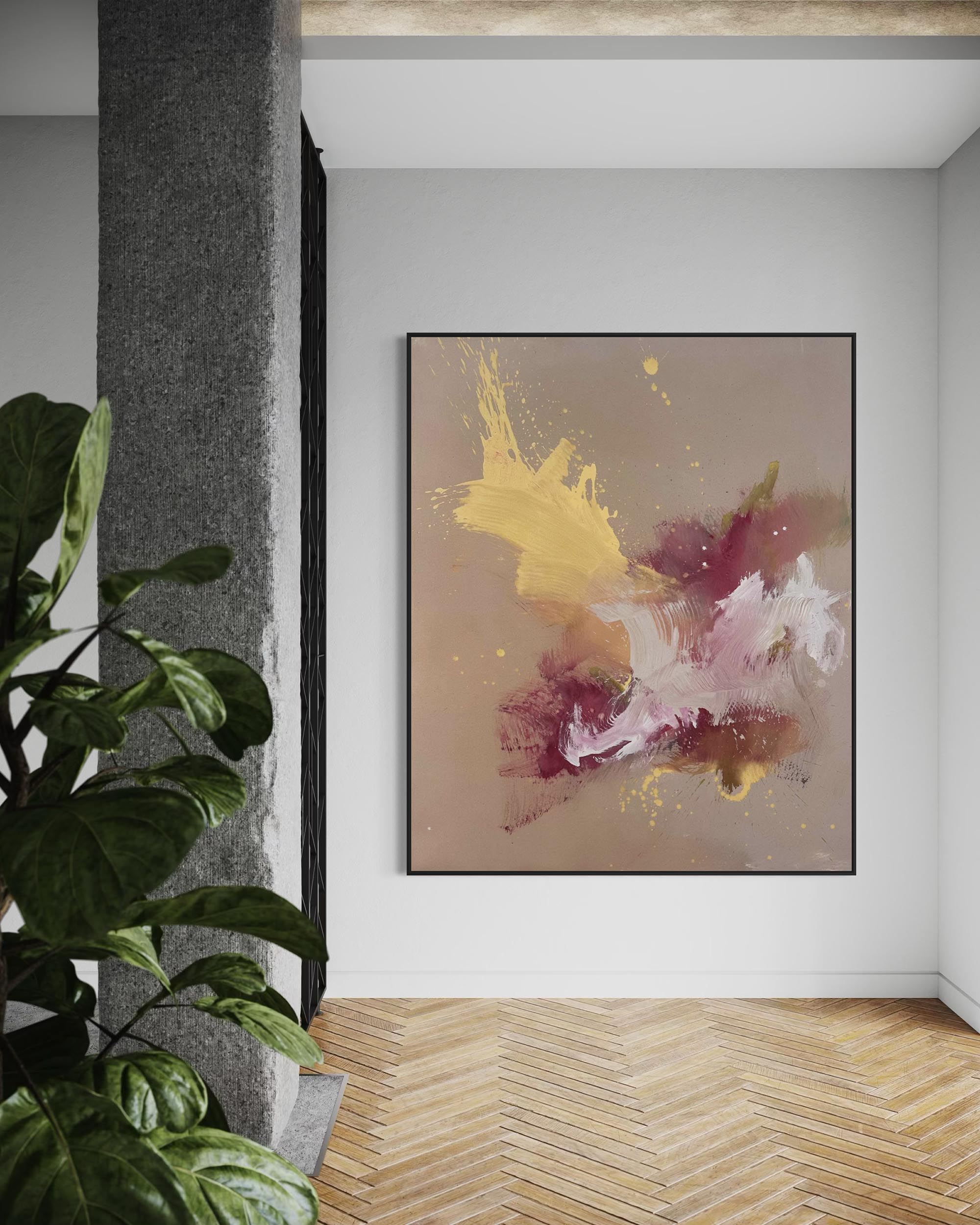 Abstract art piece on a wall in a room with a plant and wooden floor.