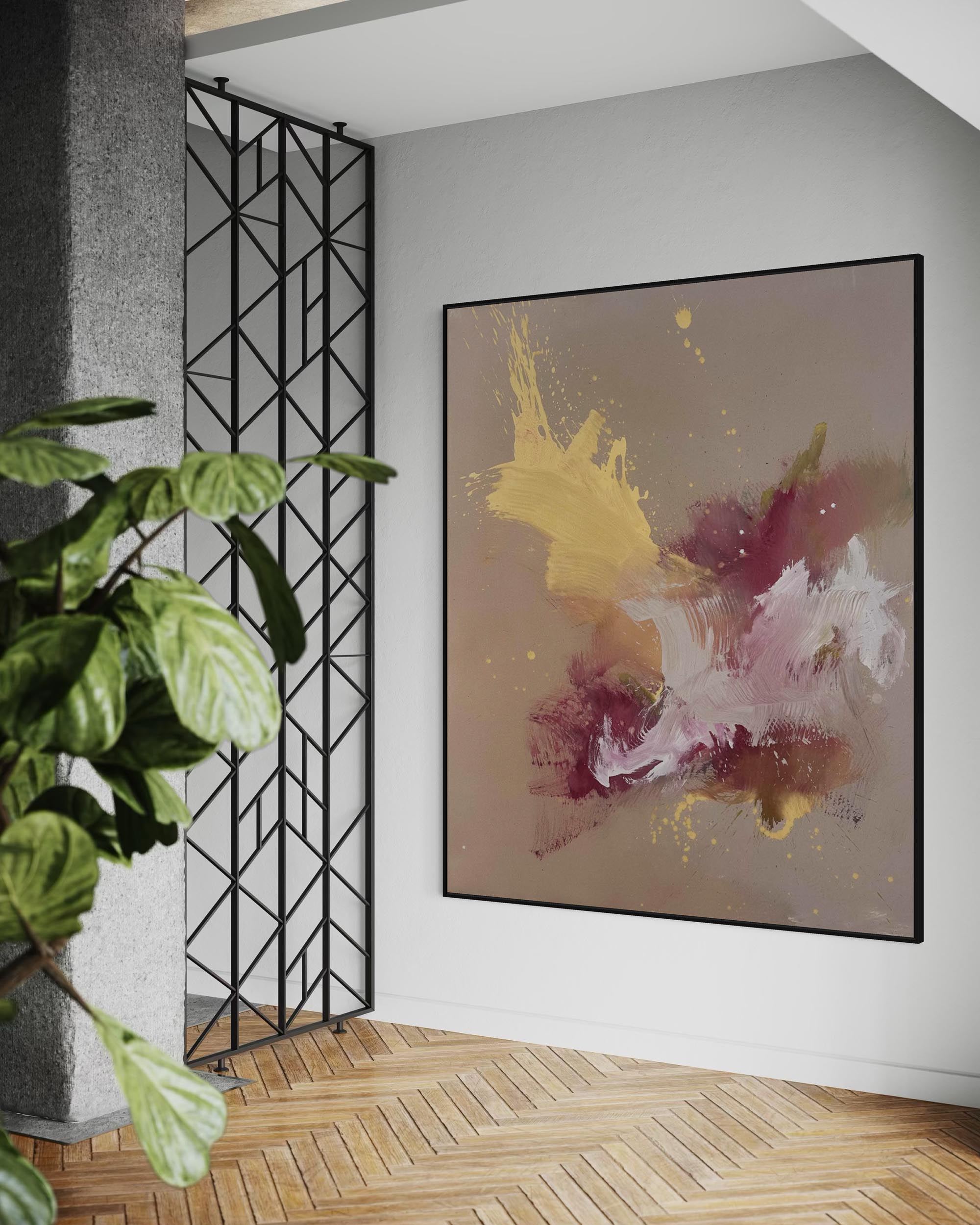 Abstract painting on a wall with a plant and geometric wall art in the foreground.