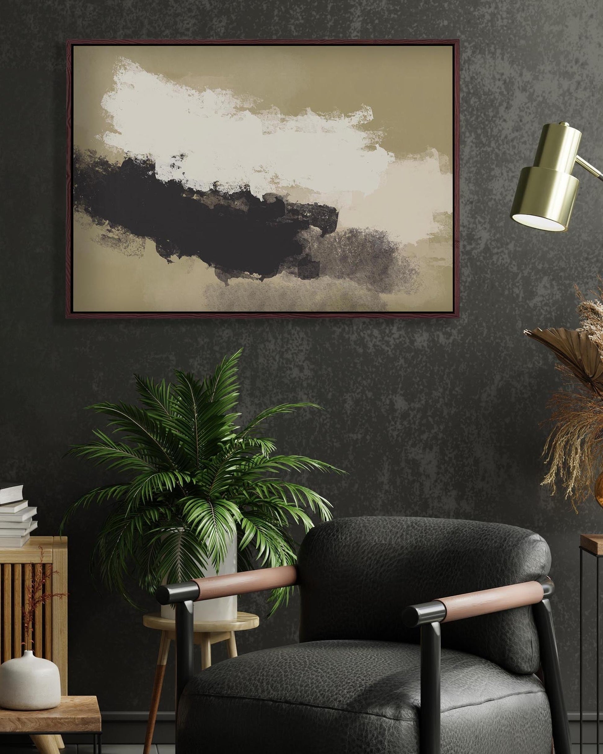 Modern interior with a black armchair, abstract art, and decorative elements.