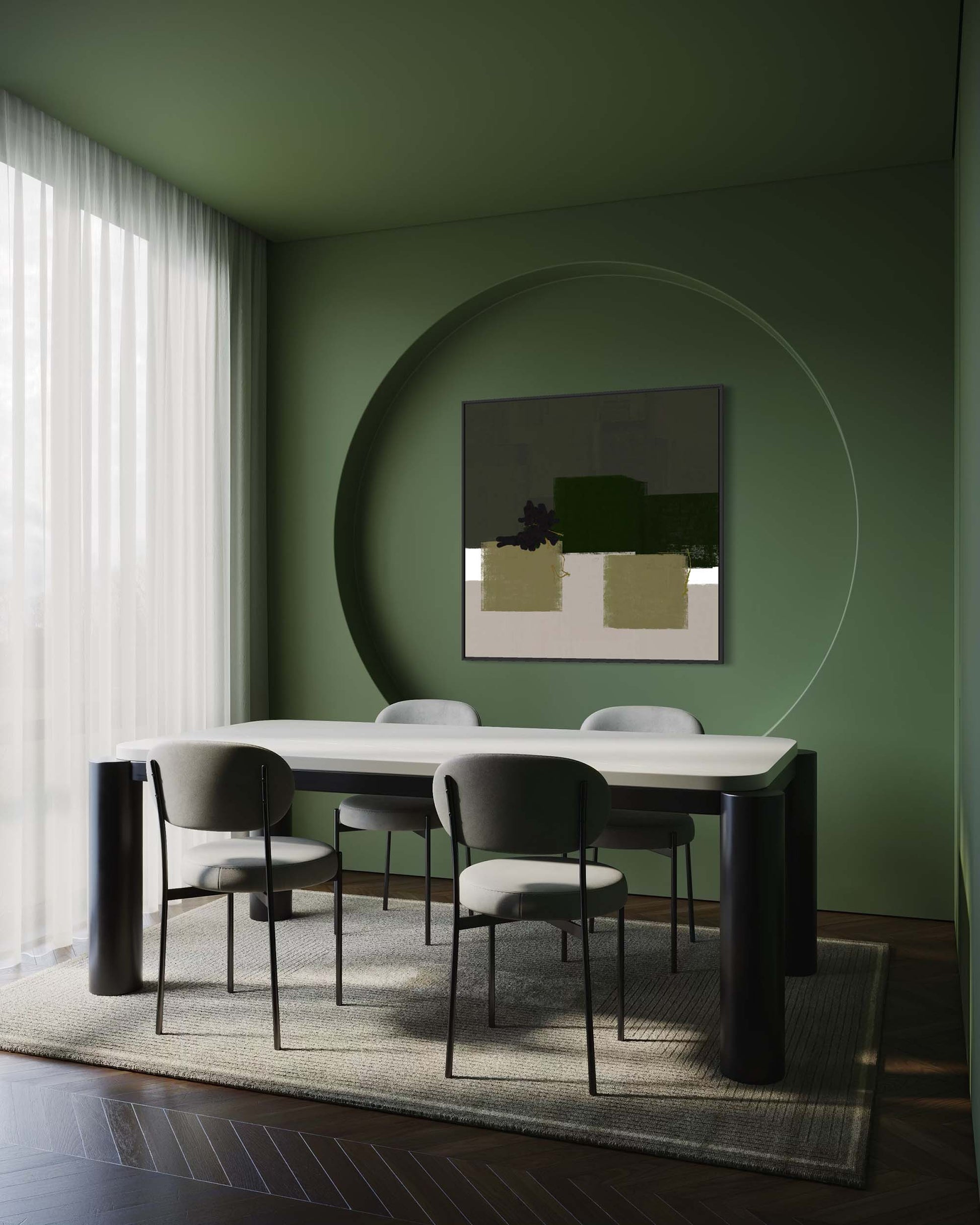 Modern dining room with a green wall, white table, and gray chairs.