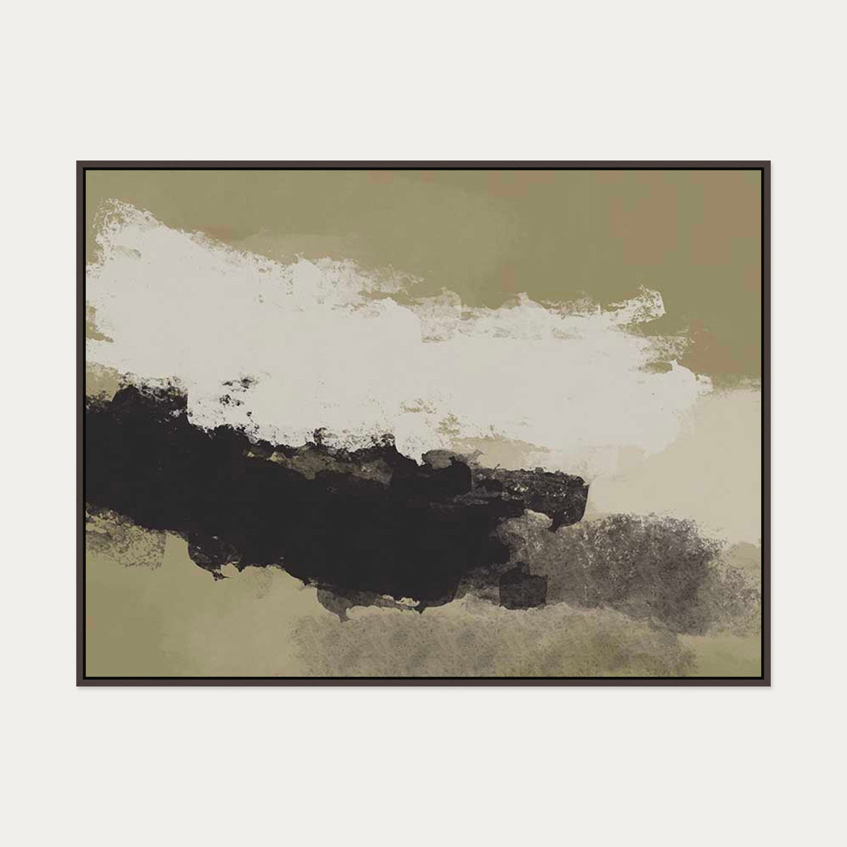 Olive Green On Black Strokes Canvas Art — 90 x 120 cm — Brown Frame