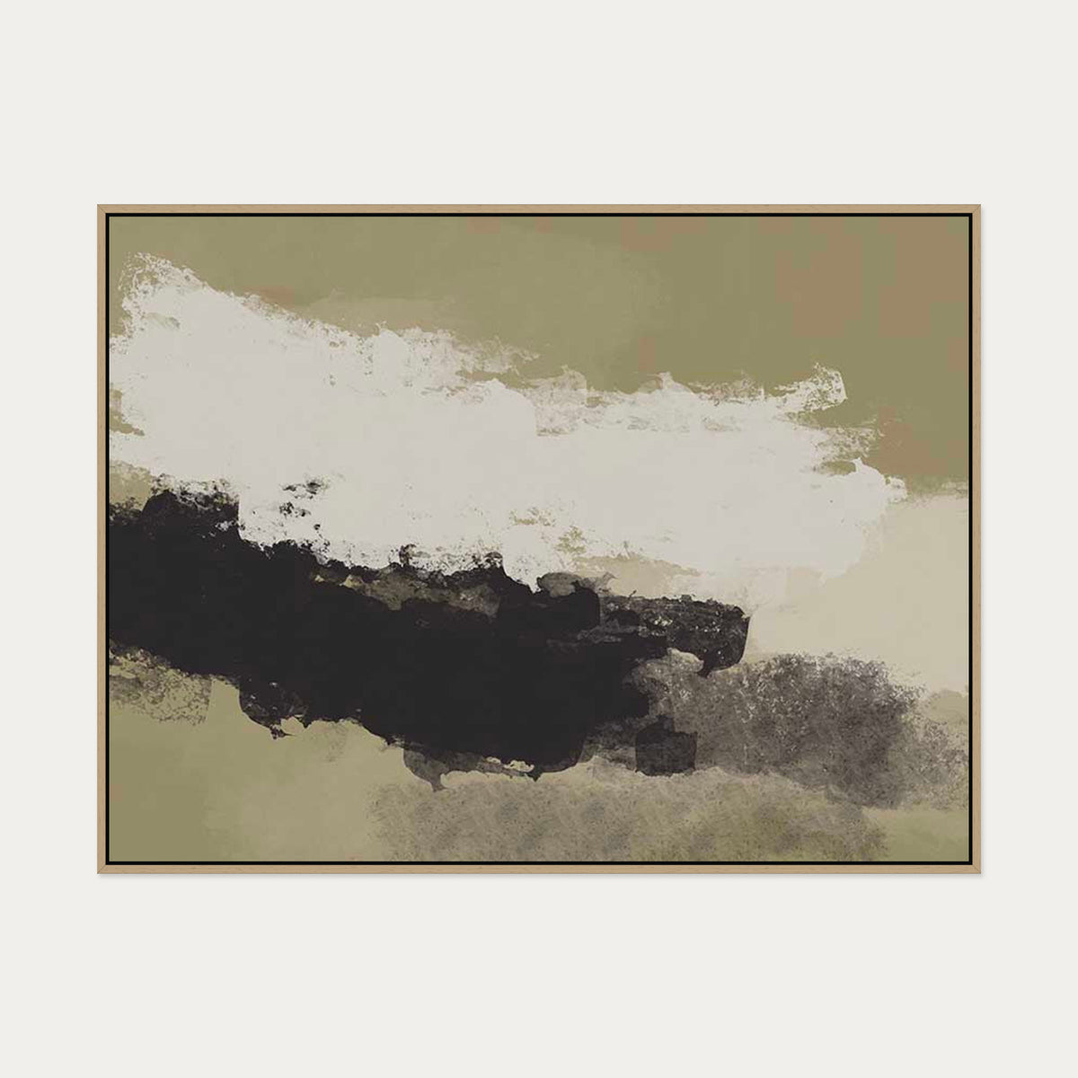 Olive Green On Black Strokes Canvas Art — 90 x 120 cm — Oak Frame