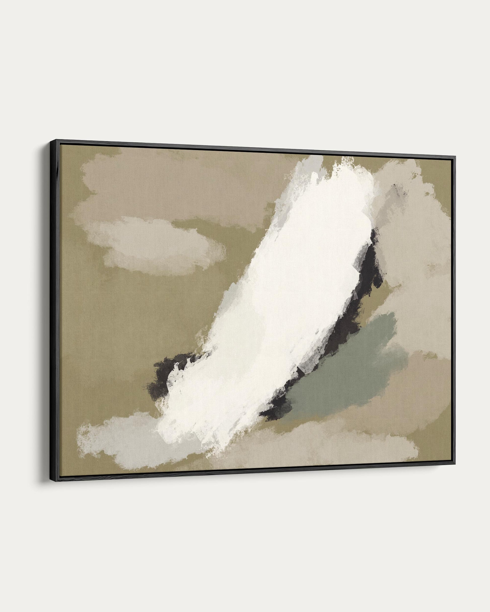Abstract art piece with white and black brush strokes on a beige background