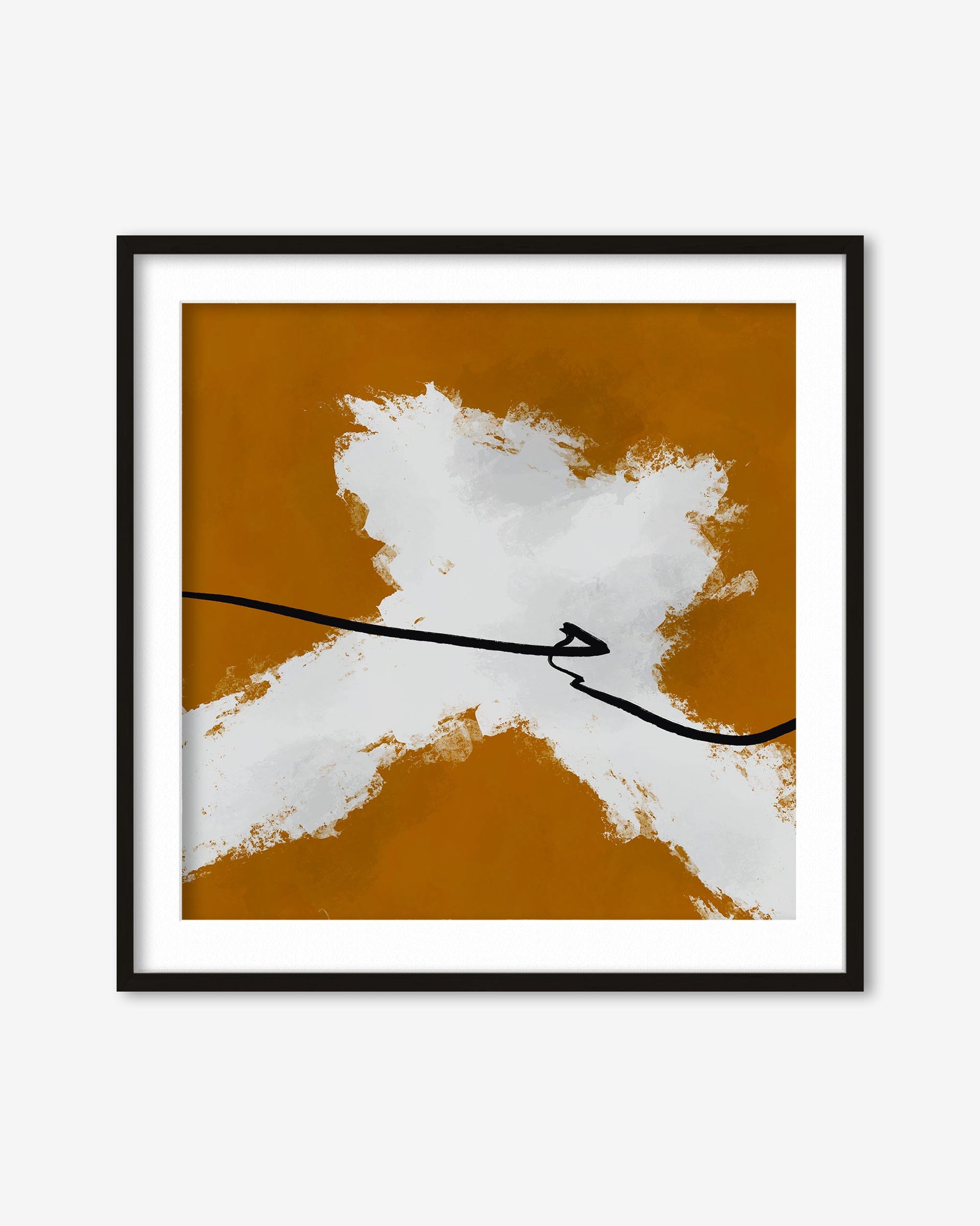 Framed abstract artwork with white and brown colors on a white background