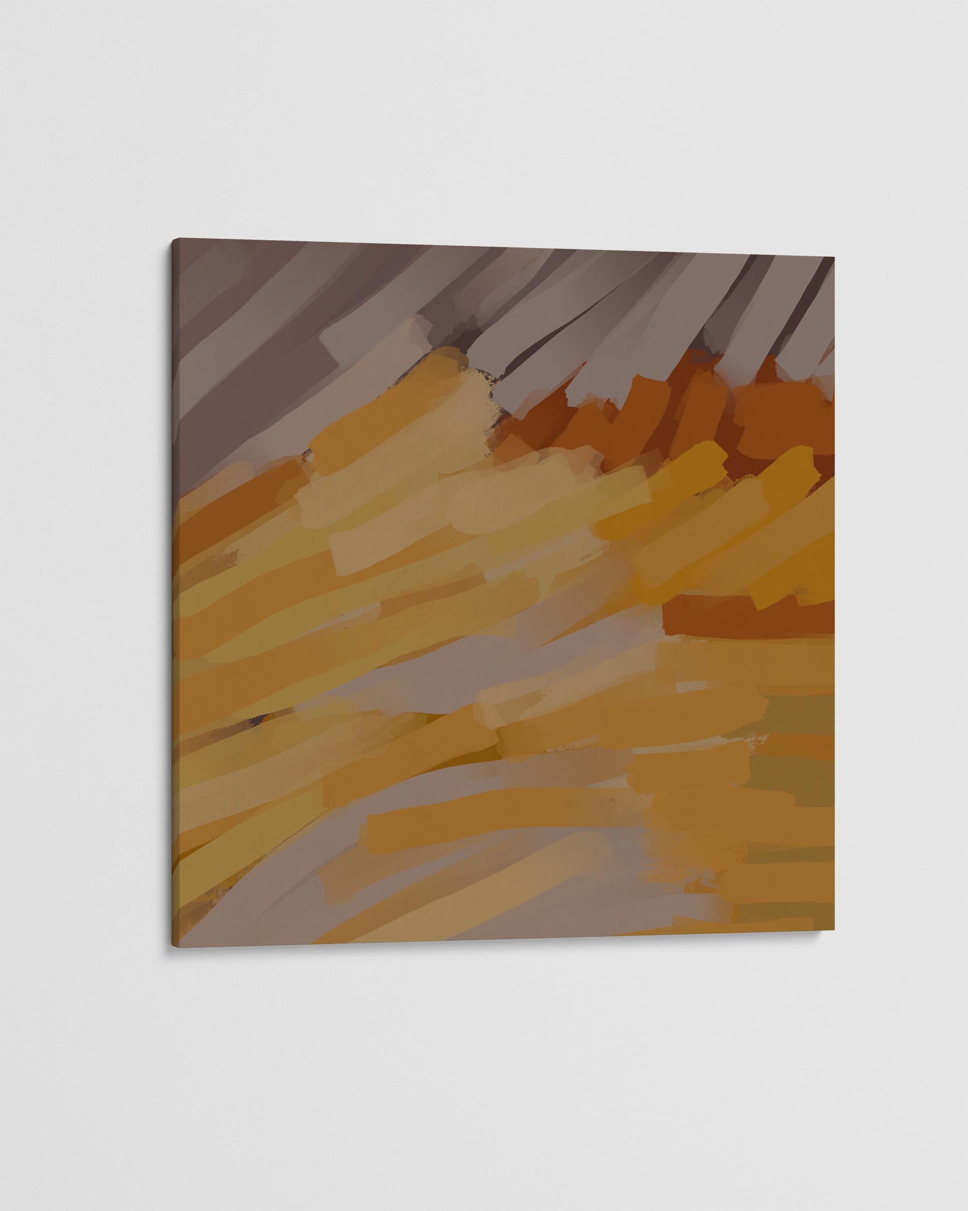 Abstract art piece with brown, orange, and beige colors on a light gray background