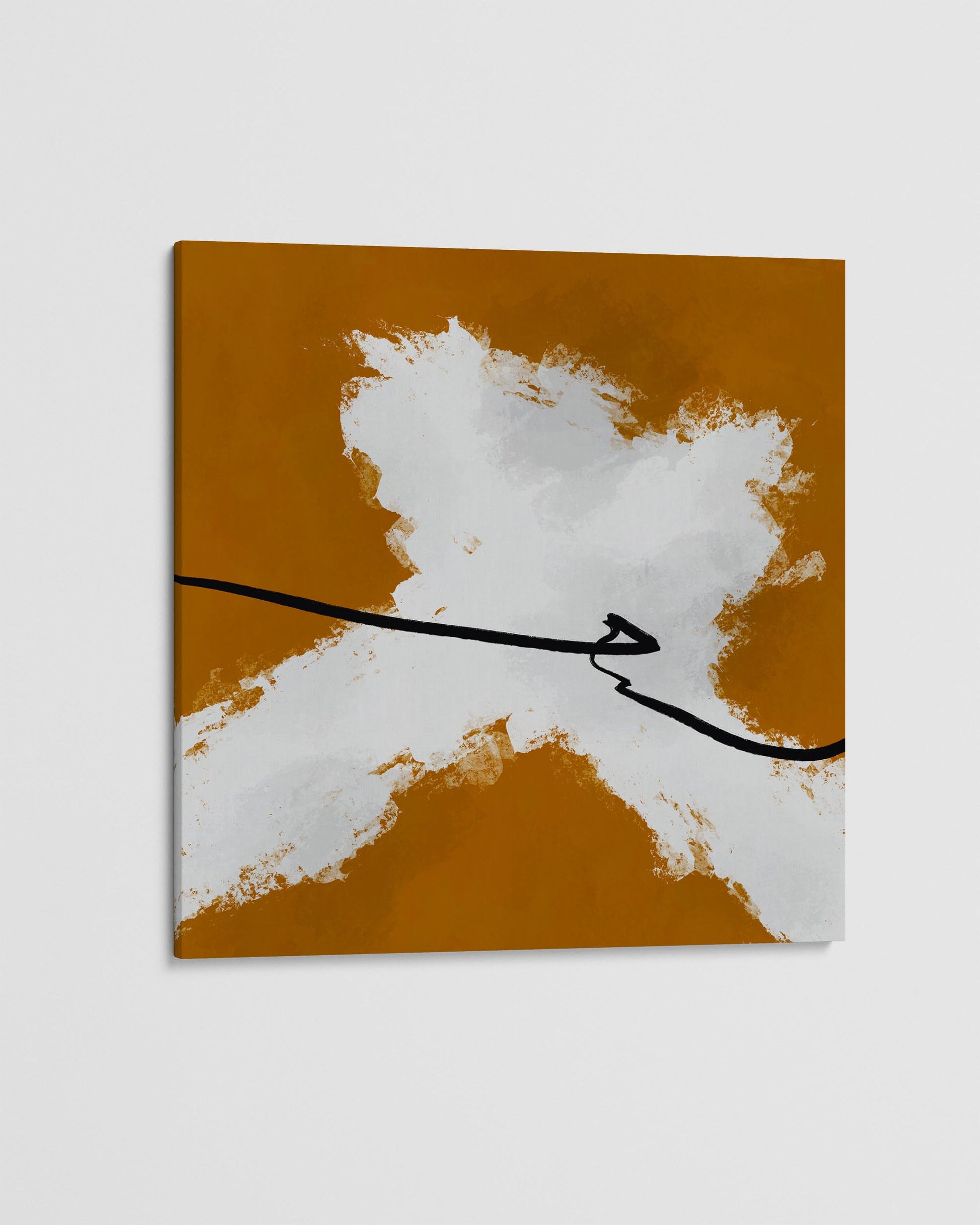 Abstract art piece with white and brown abstract shapes on a light gray background