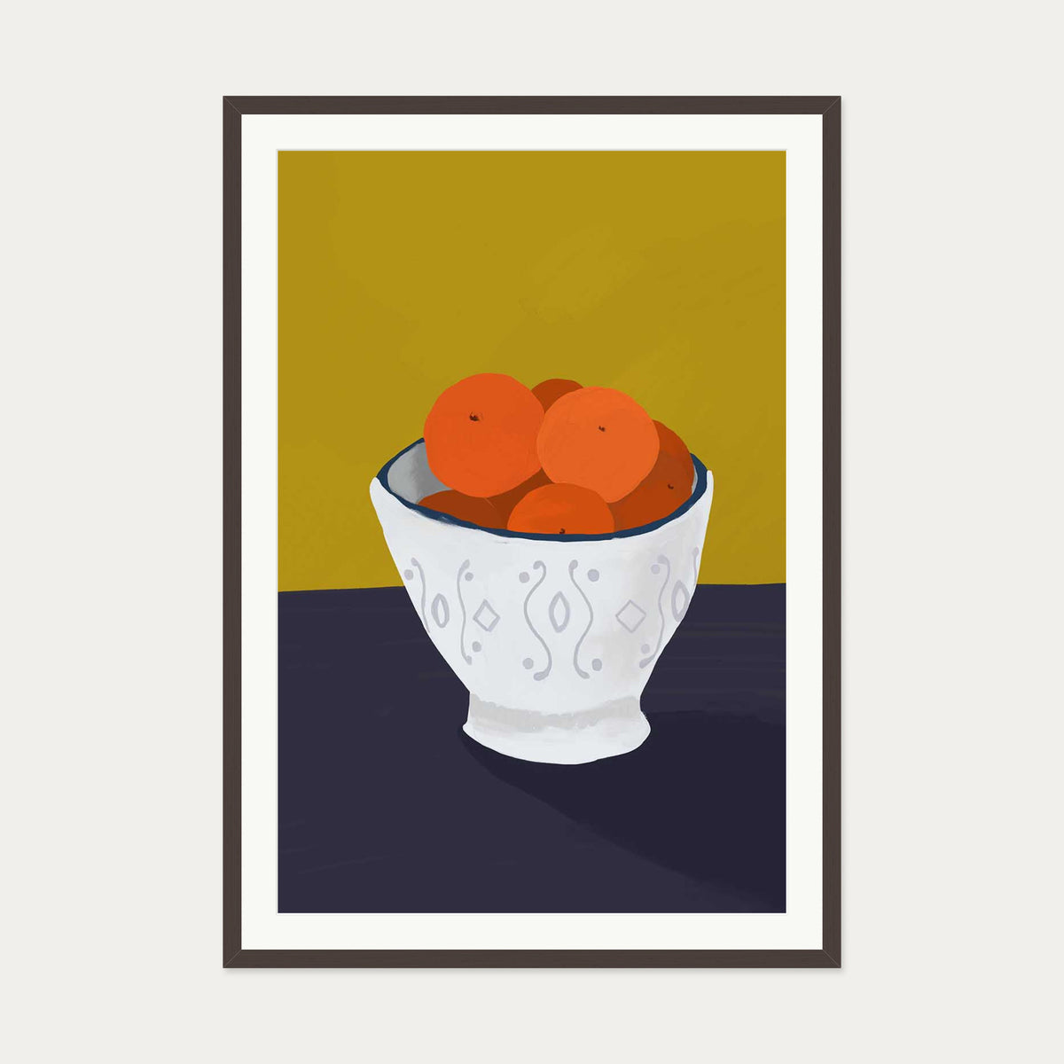 Oranges In a Bowl Wall Art — 70 x 100 cm — Brown Frame