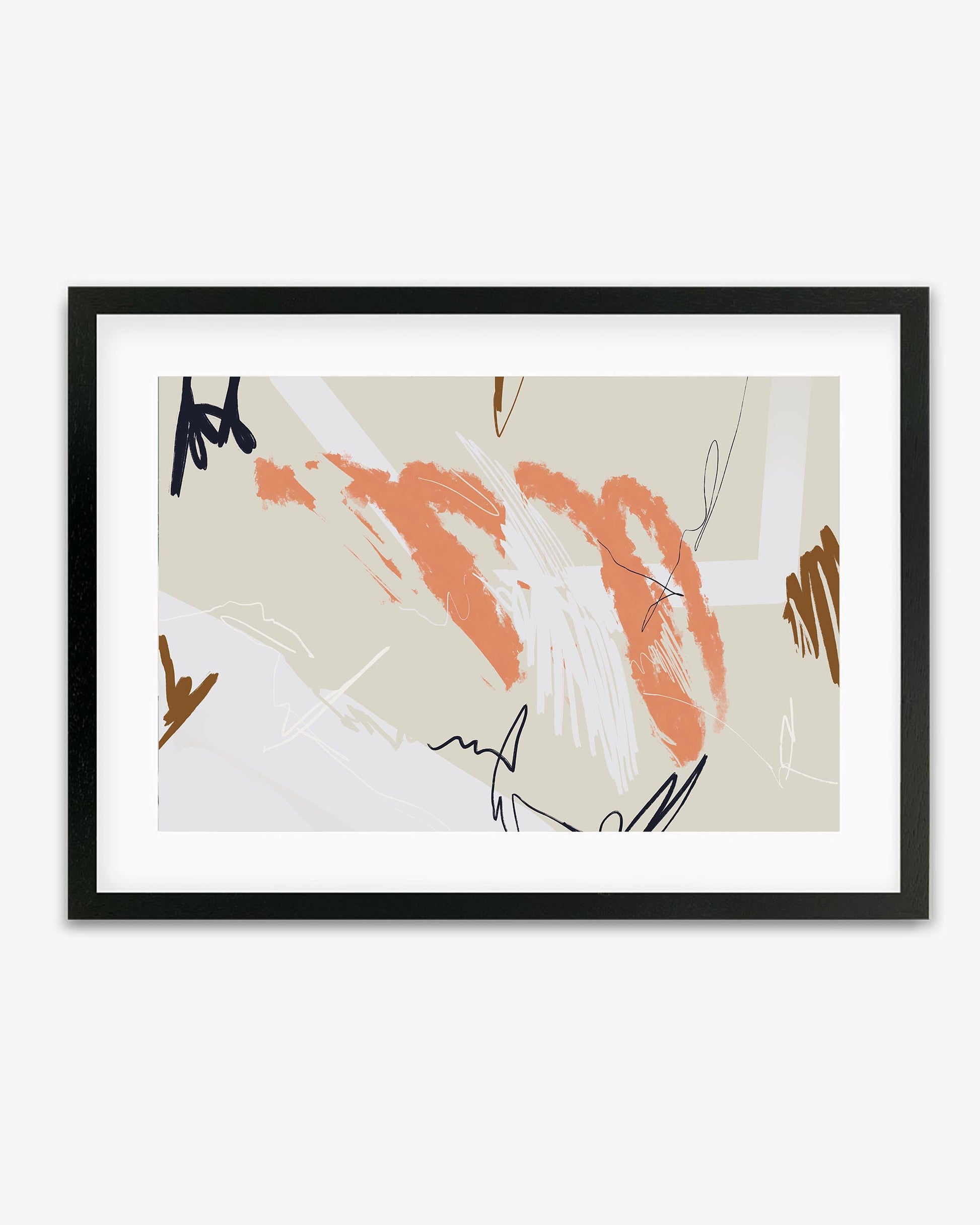 This image features "Organic Marks Framed Art," a modern abstract art print. The artwork displays a variety of mark-making techniques in a peach orange, brown, and black palette, overlaid with beige and white neutral tones.
