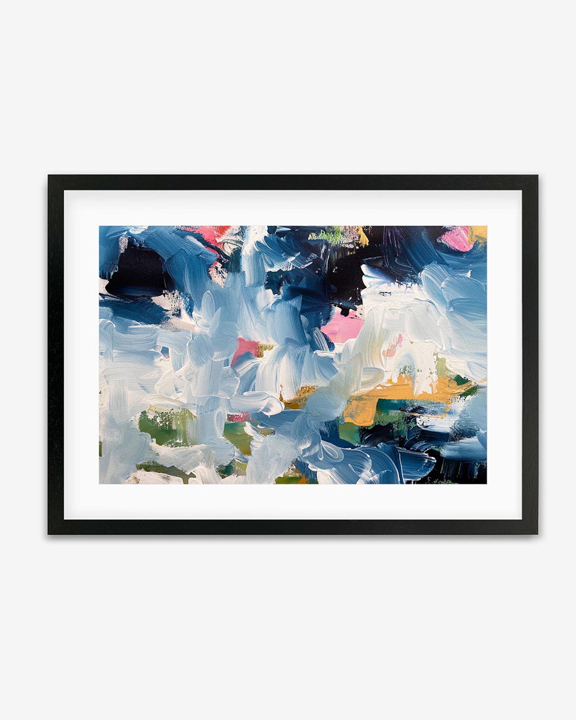 A framed art piece with abstract design, featuring deep blues, bright whites, and hints of pink, enclosed in a black frame.