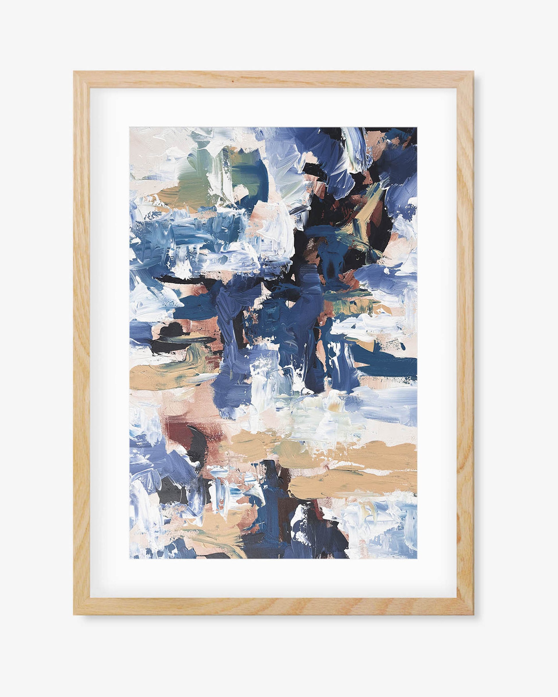 A framed abstract painting with a mix of blue, brown, and white colors, presented in a light wooden frame.