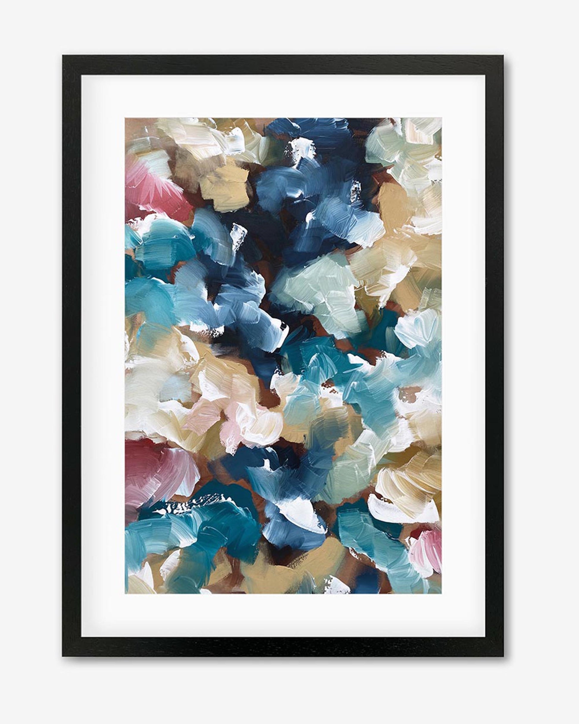 A framed art print with abstract design featuring overlapping shades of blue, pink, and yellow.