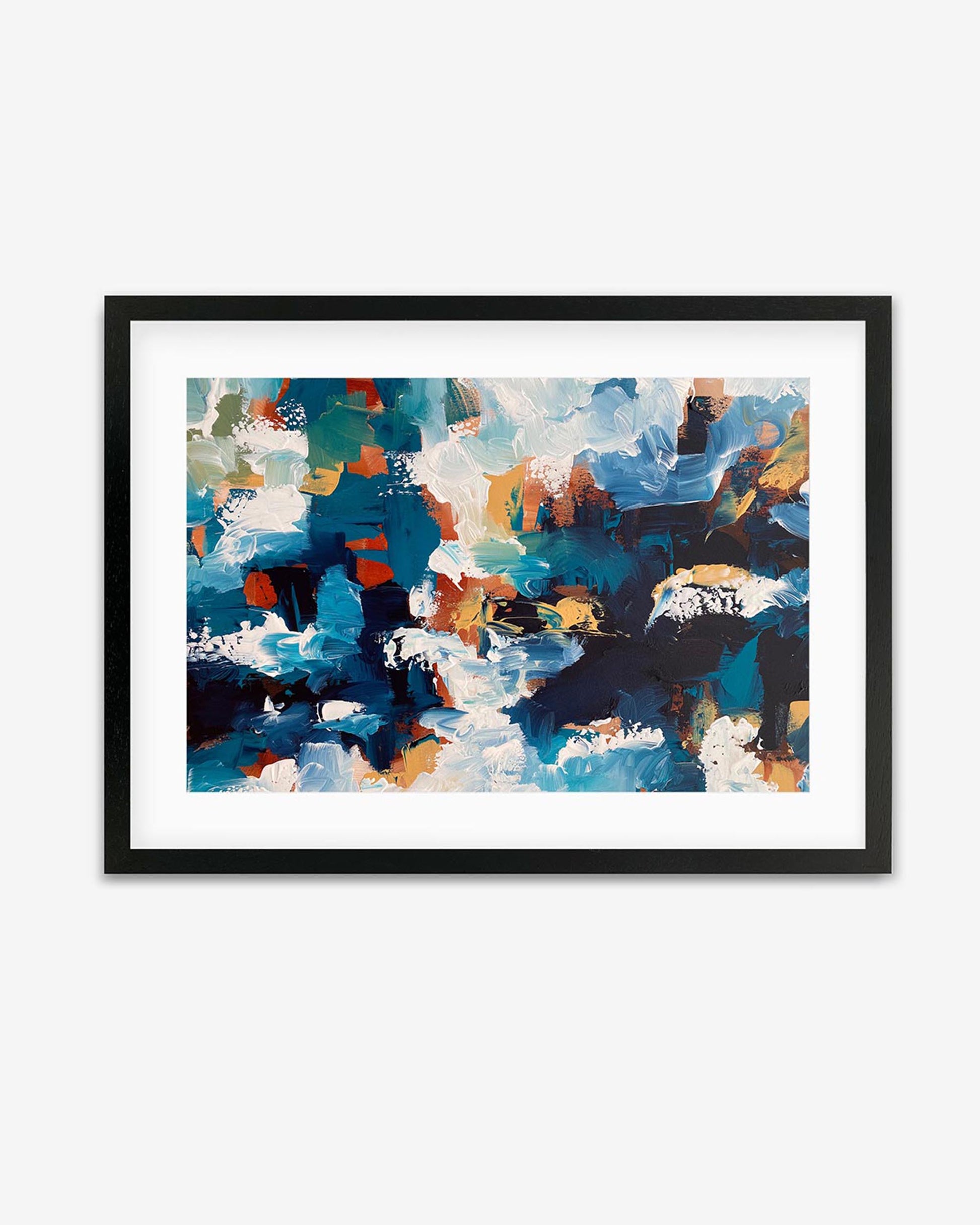 A framed art piece with abstract brushstrokes in blue, white, and red, set against a black frame.