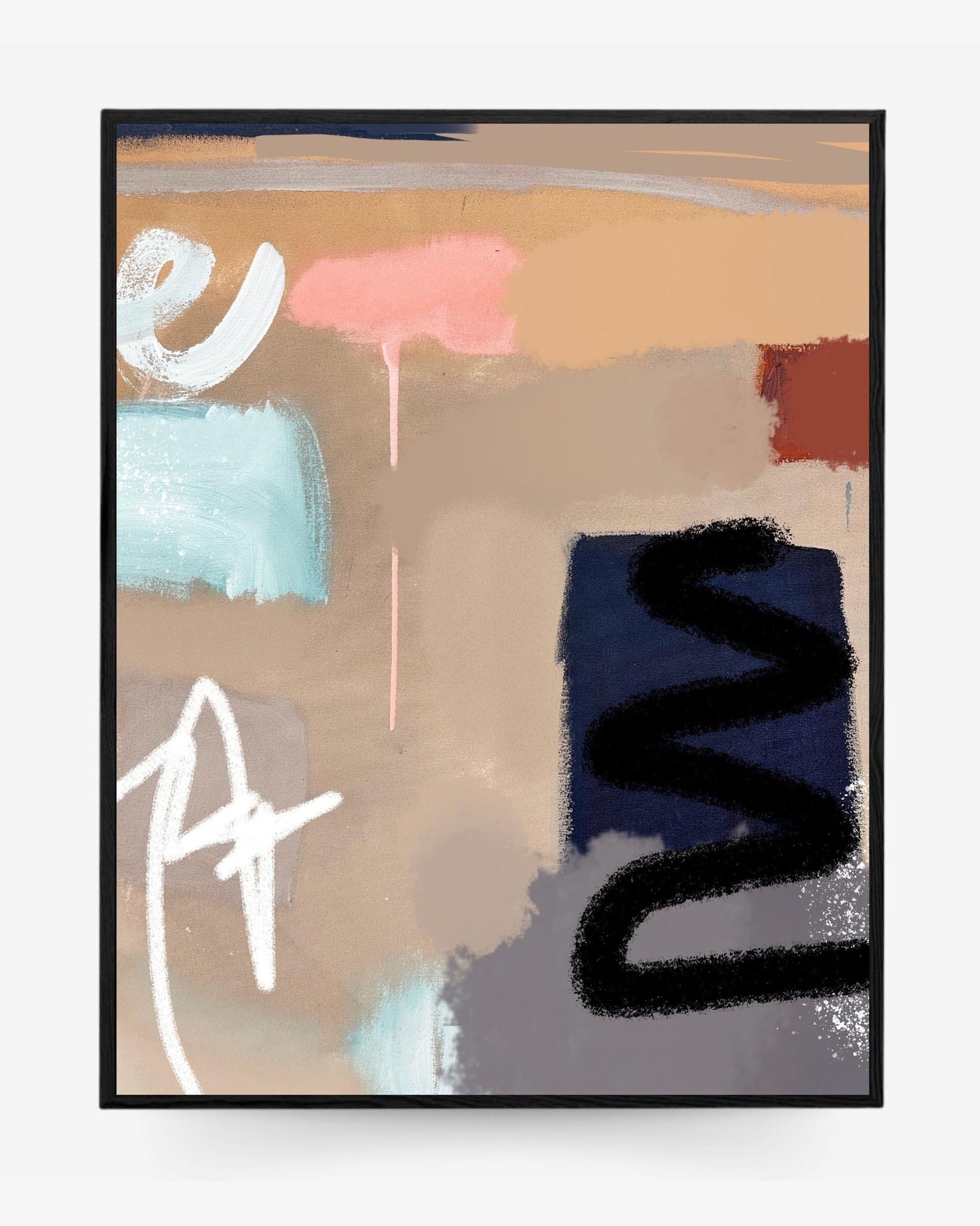 A contemporary abstract framed canvas featuring geometric and irregular shapes in brown, white, black, and pastel colors on a beige background.