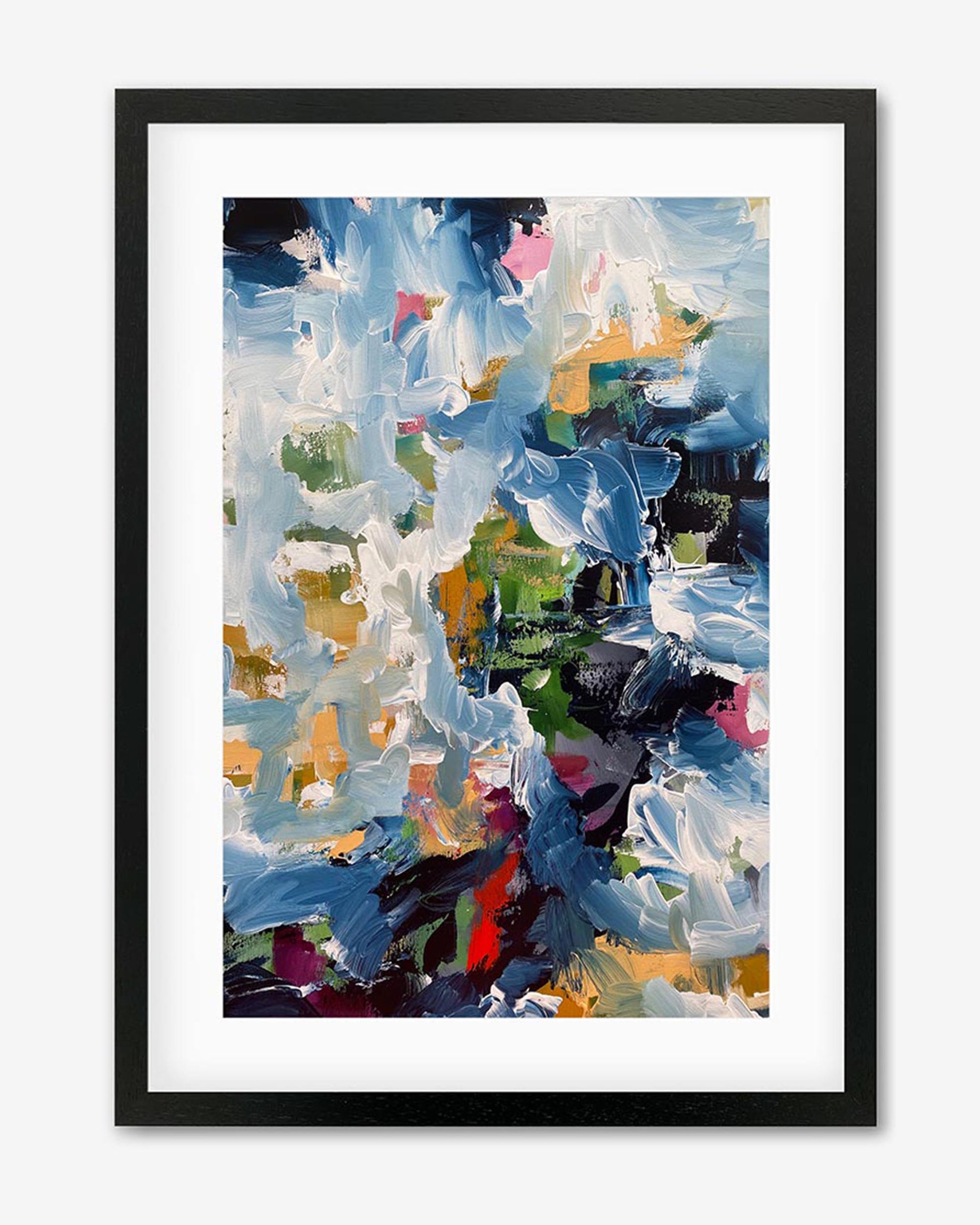 A framed art piece with an abstract design featuring blue, white, yellow, and green colors, presented in a black frame.