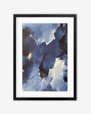 A framed art print with abstract design, featuring shades of blue and white.