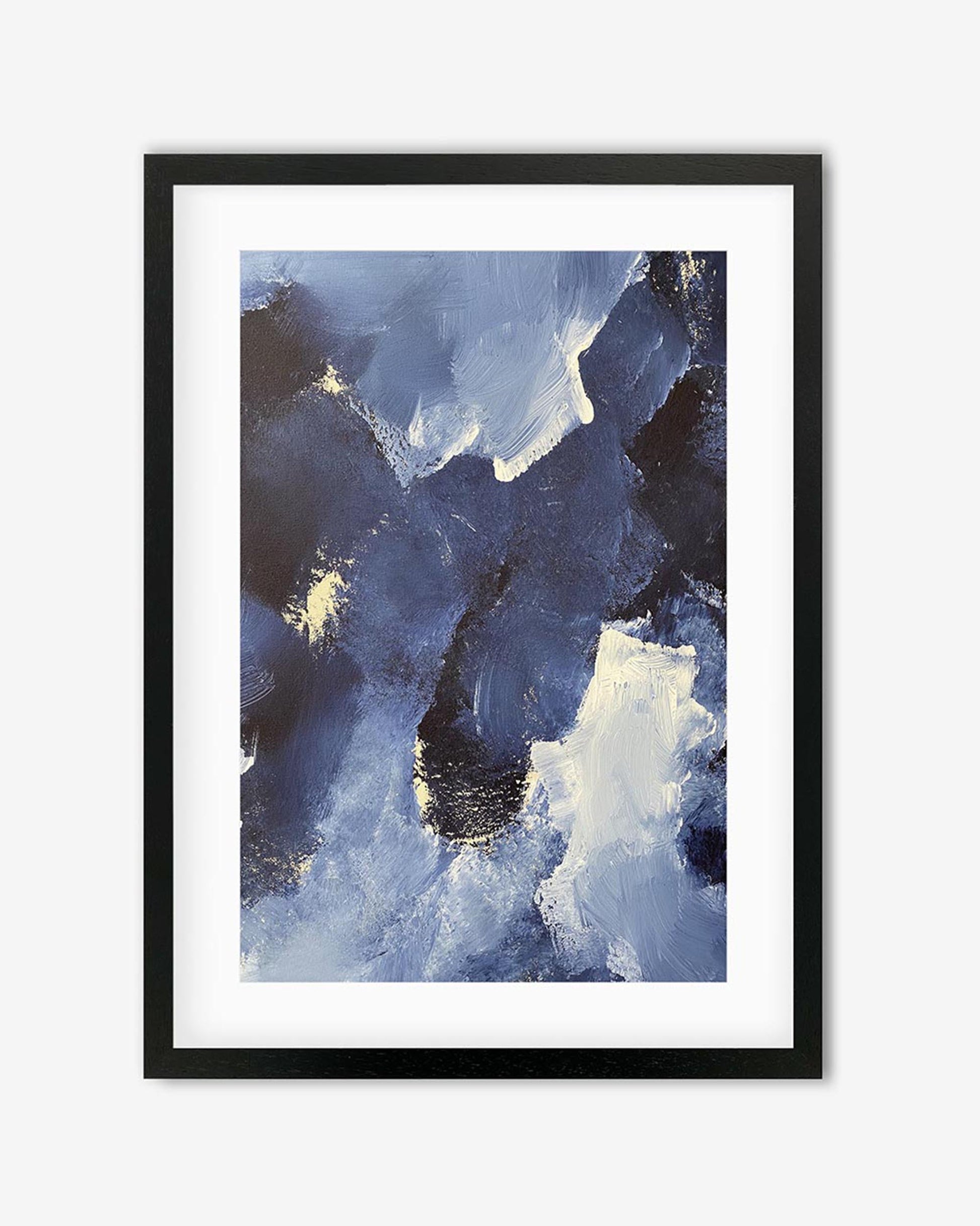 A framed art print with abstract design, featuring shades of blue and white.
