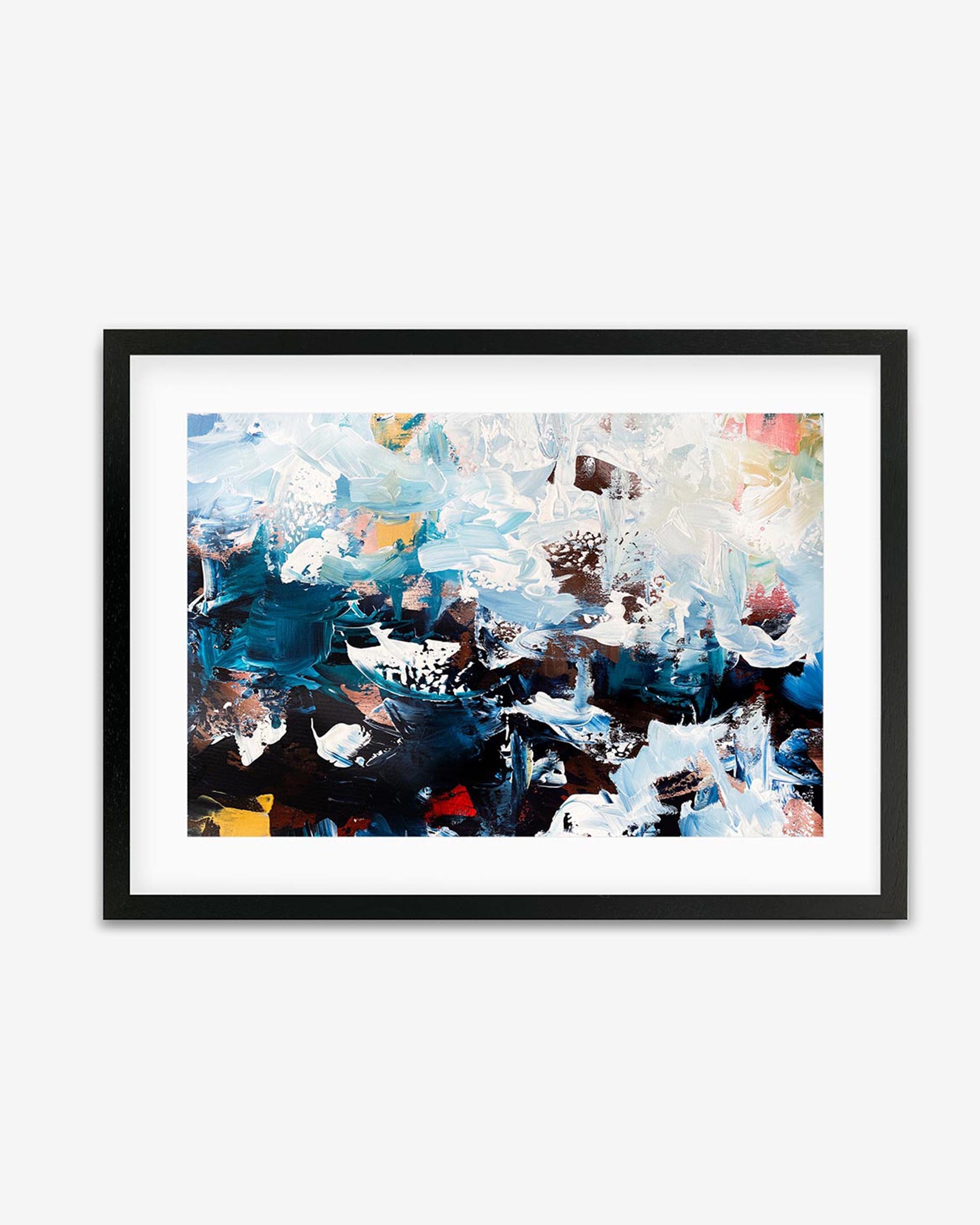 A framed art piece with abstract design, predominantly in shades of blue and white, with hints of yellow.