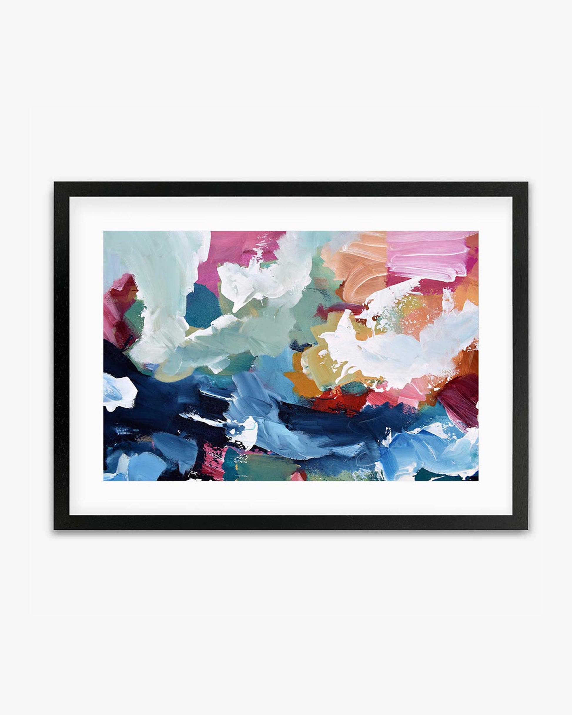 A framed art piece with modern abstract design, featuring bright overlapping brushstrokes in pink, blue, and orange, bordered by a black frame.