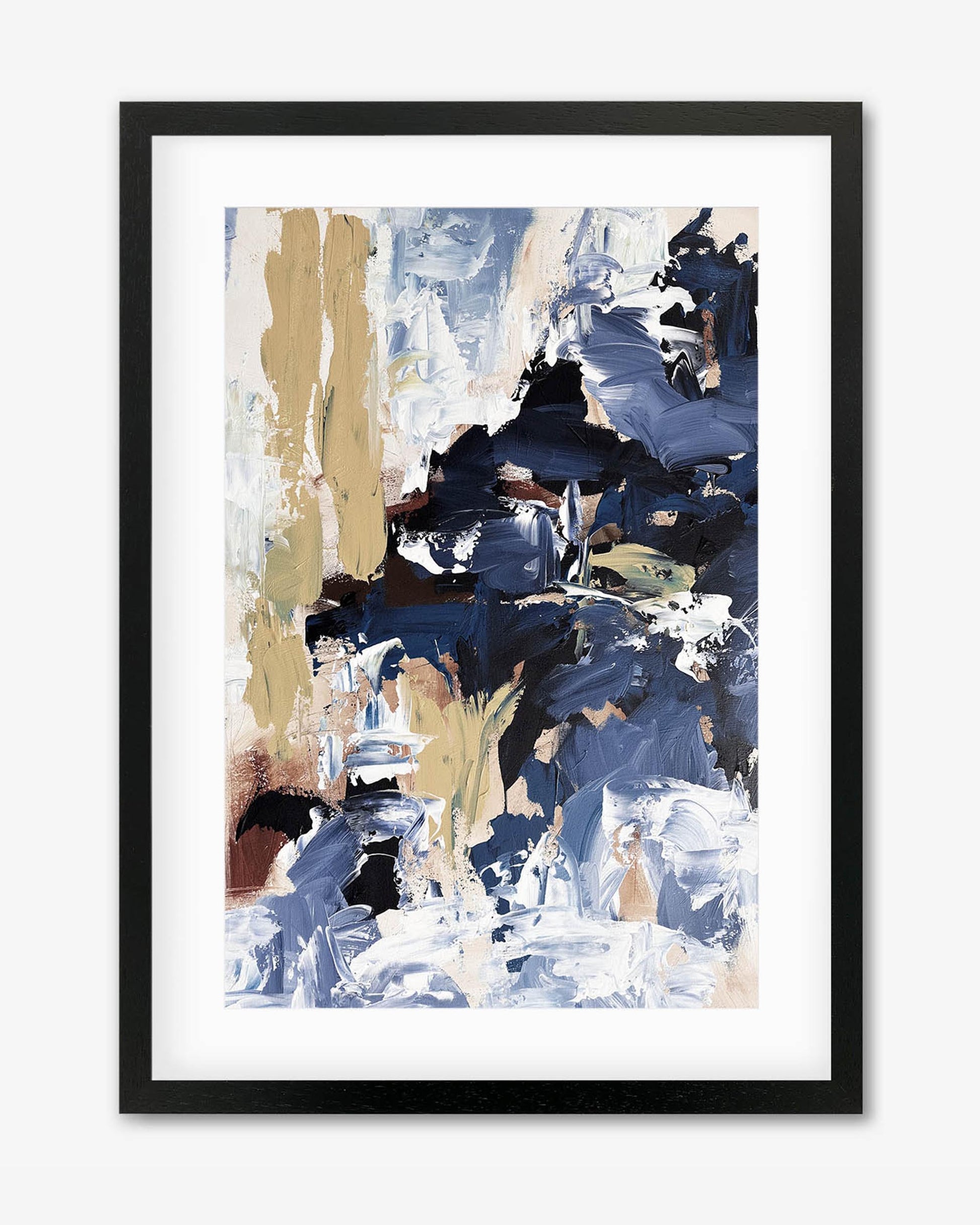 A framed abstract painting with navy blue tones and a textured appearance displayed on a wall.