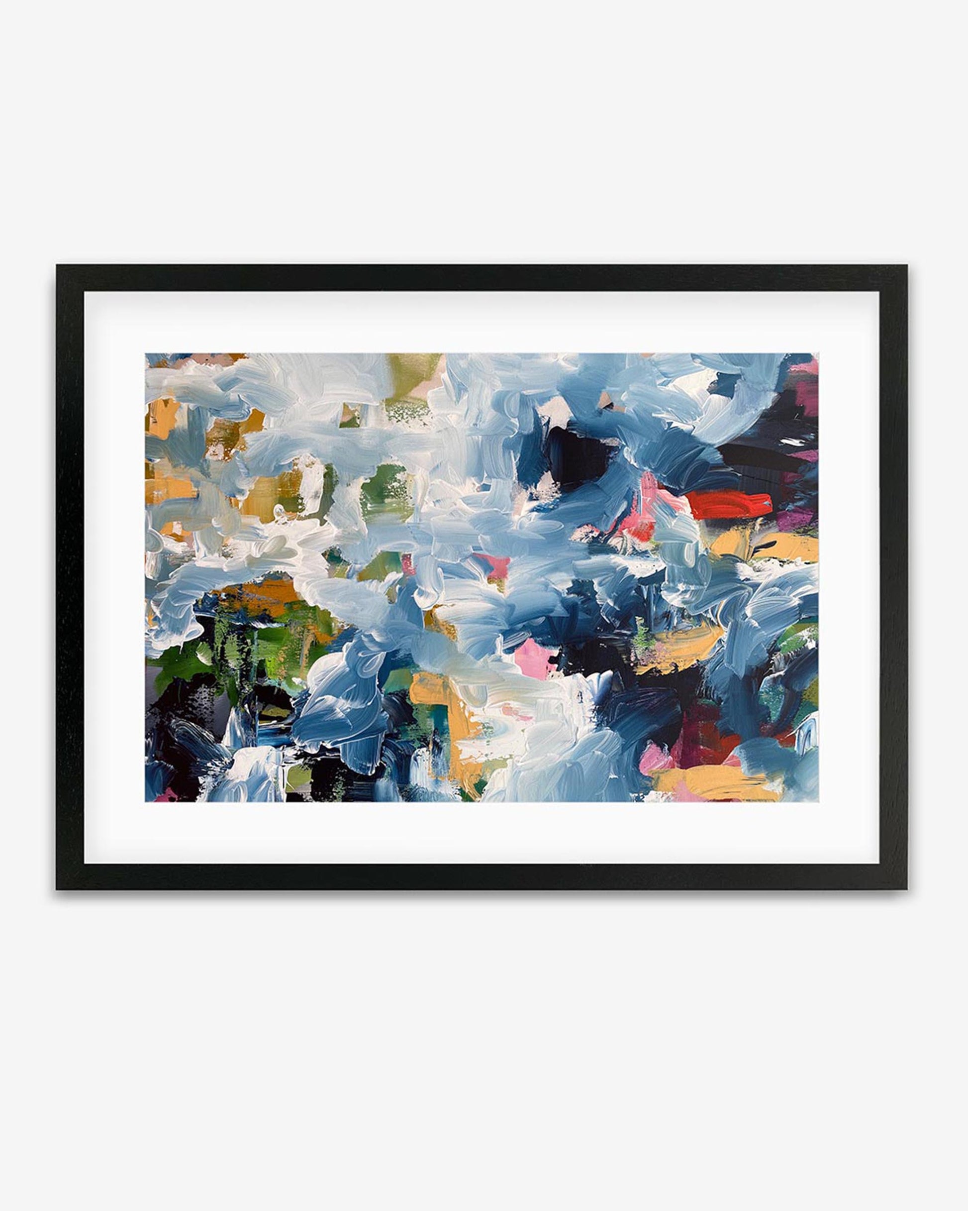 A framed abstract painting with a variety of colors including blue, green, white, and red, displayed against a plain background.