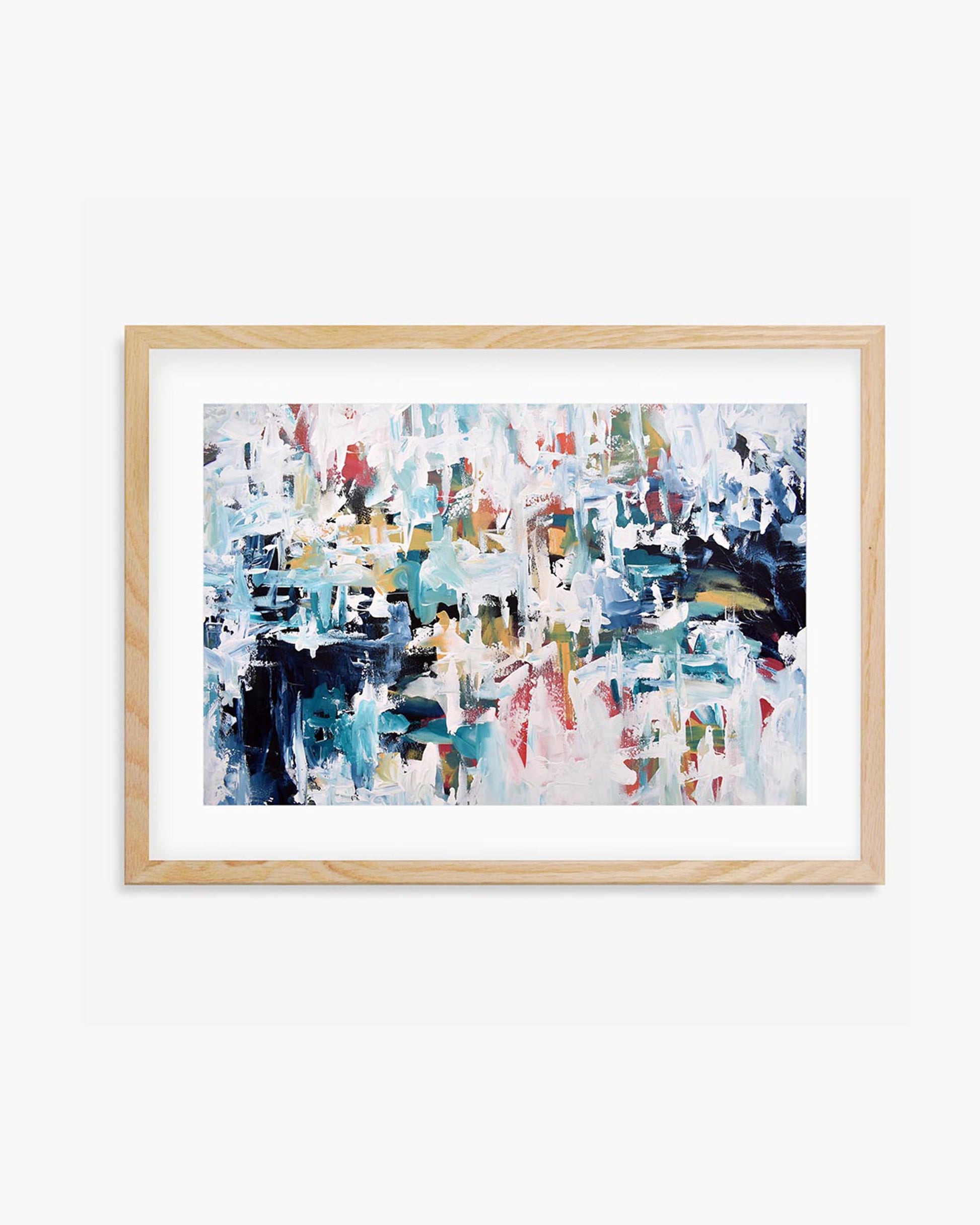 A framed abstract artwork featuring a colorful brush-stroked design with predominantly blue, green, red, white, and yellow colors, displayed against a plain wall.