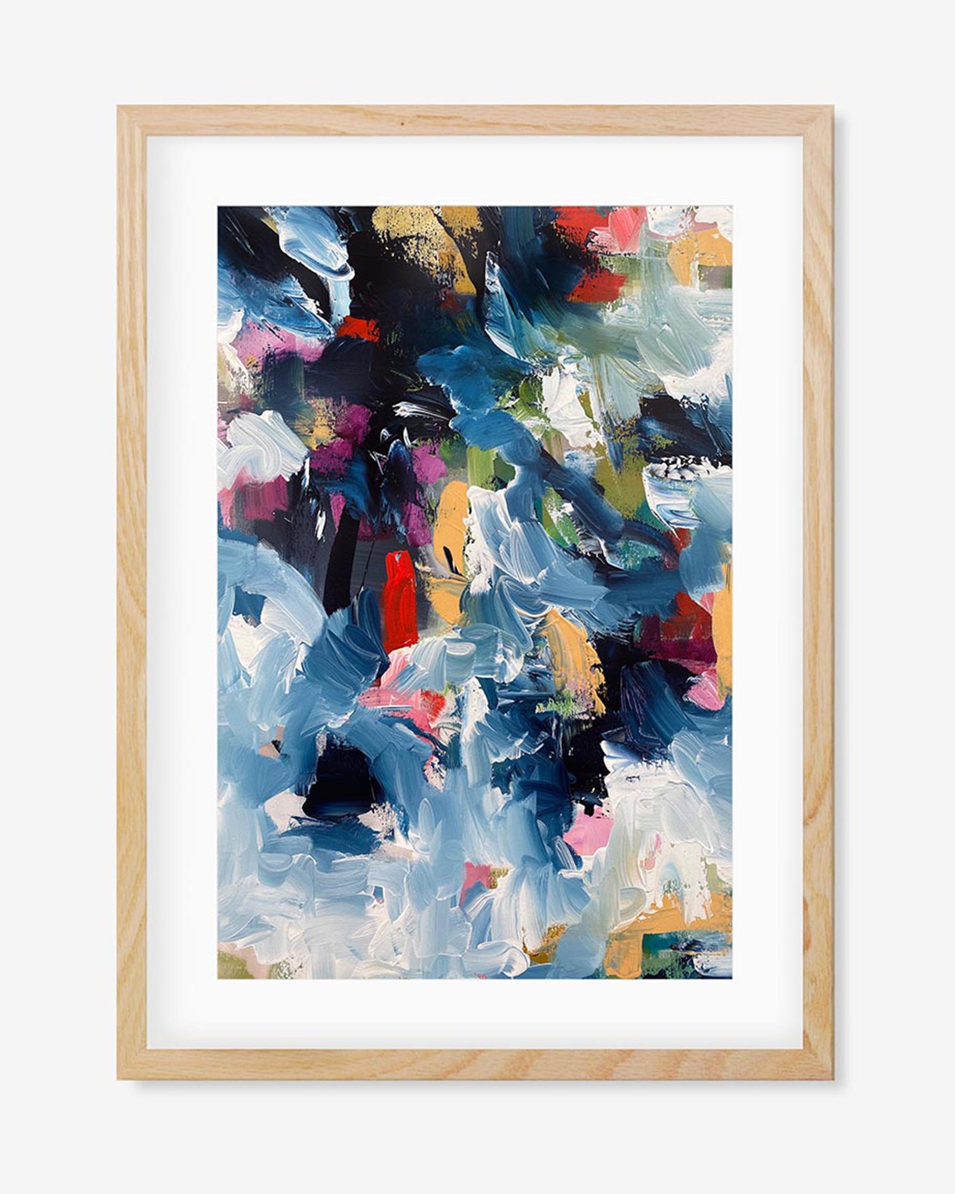 A framed art print featuring abstract colorful artwork with prominent shades of blue, white, yellow, green, and red.
