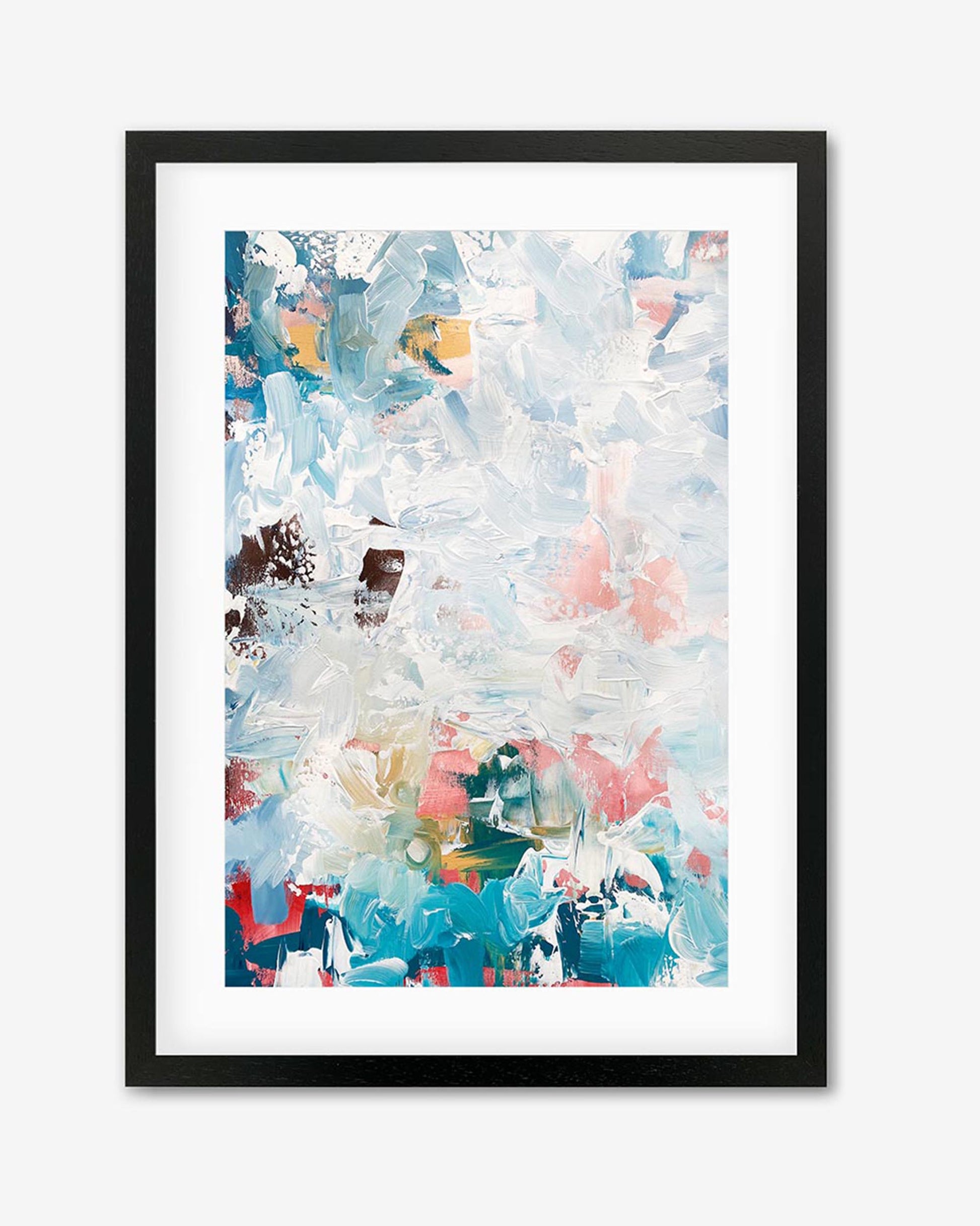 A framed abstract artwork featuring bright whites, pinks, and light blues with a black frame.
