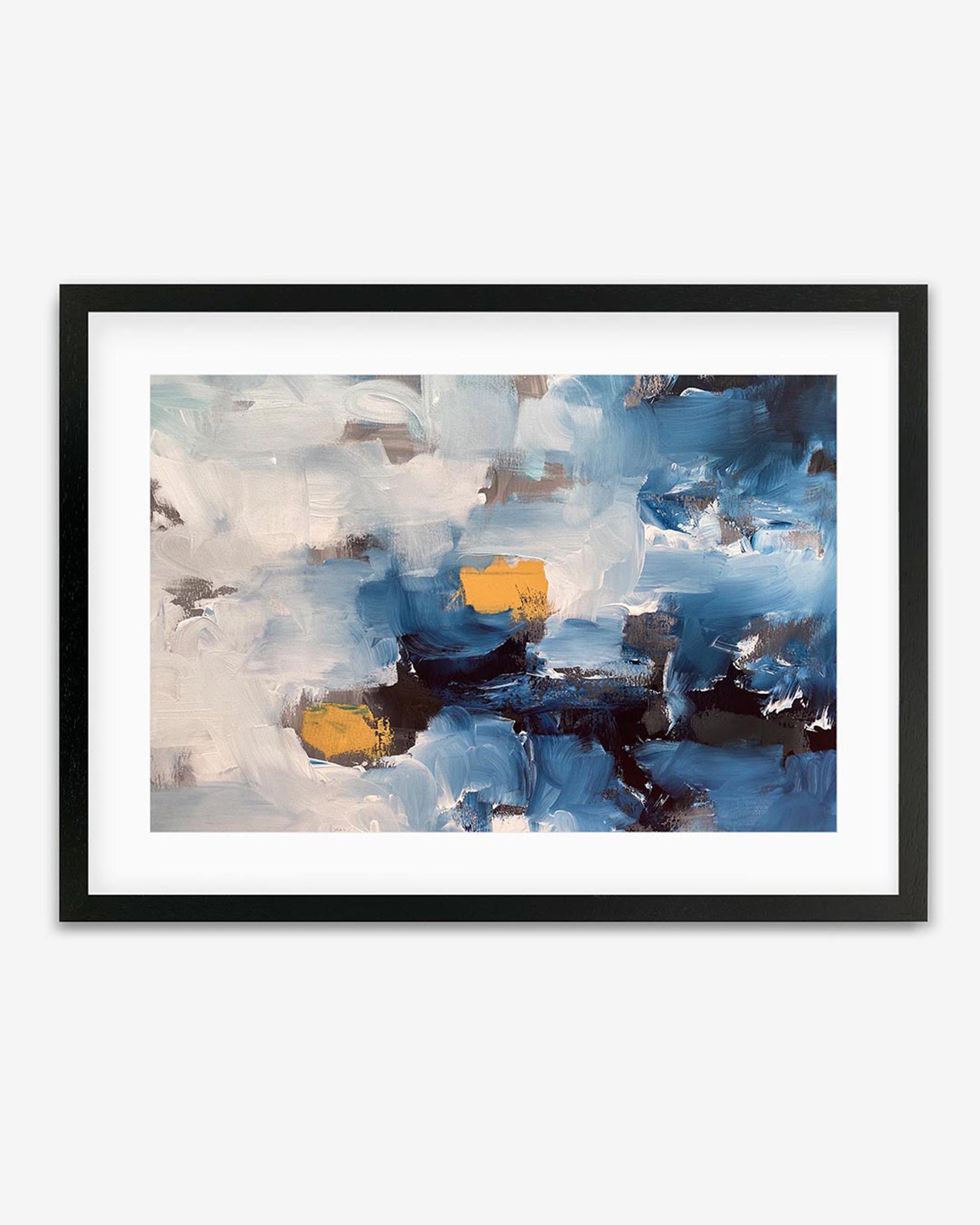 A framed art piece with abstract design, featuring shades of blue, white, and orange.