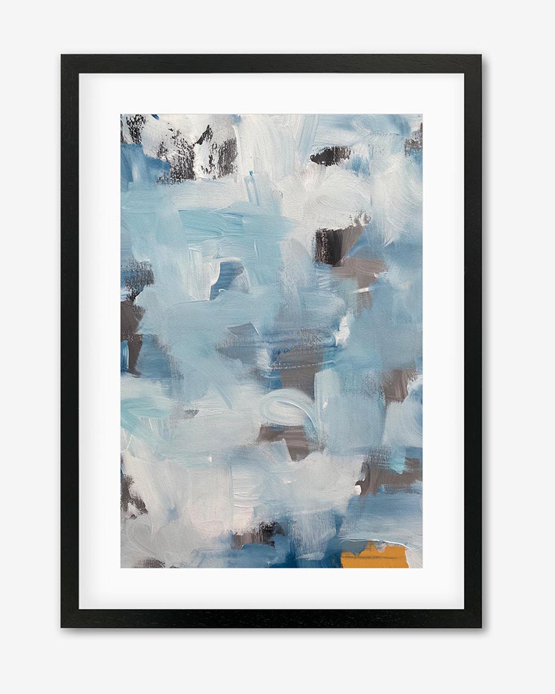 A framed art piece with abstract design in shades of grey, blue, and a hint of orange, representing a stylized sky and clouds.