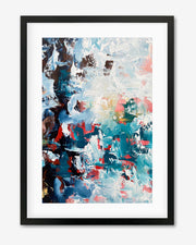 A framed abstract artwork featuring swirling patterns in shades of blue, white, red, and pink, representing ocean waves.