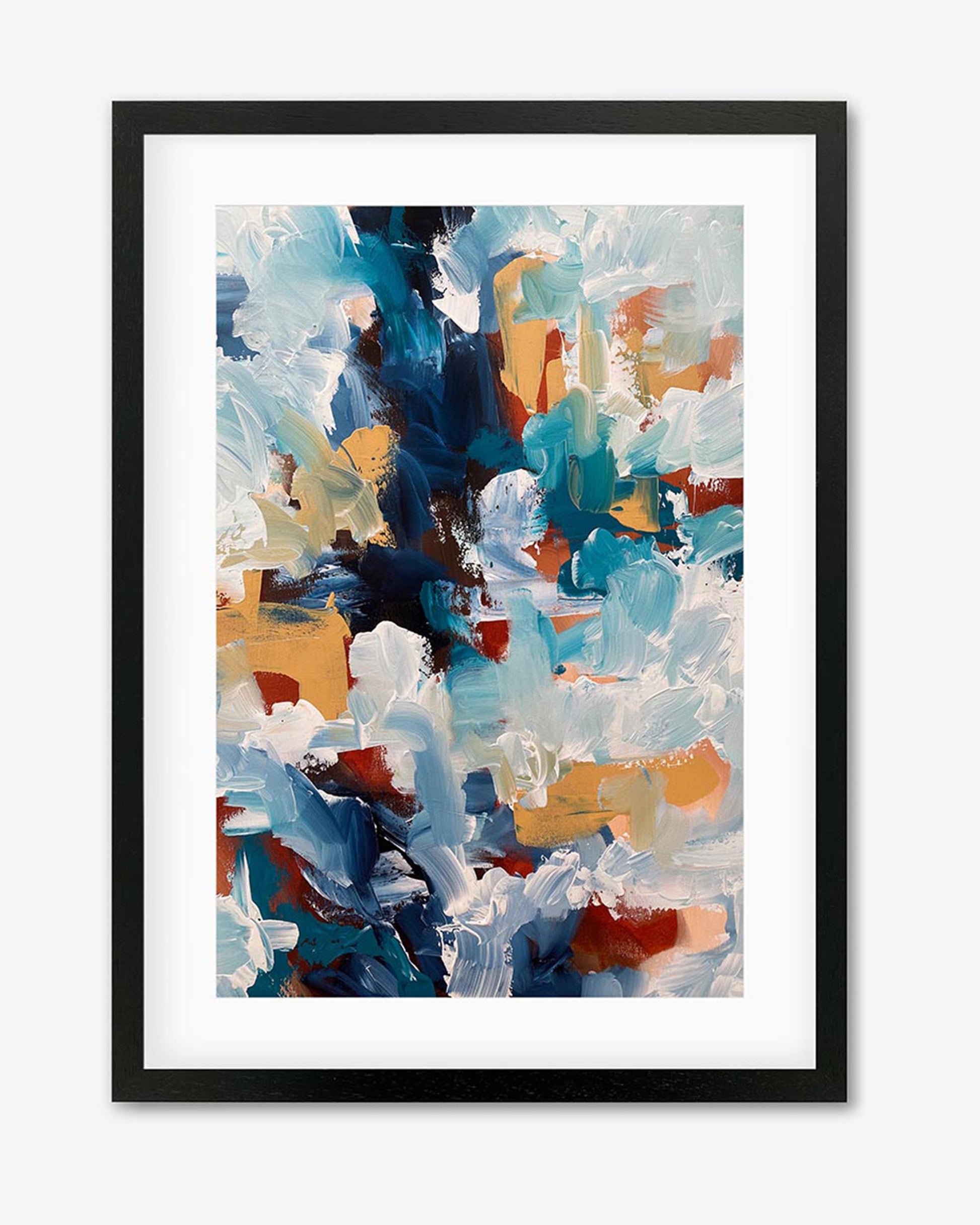 A framed art piece with abstract design, featuring deep blue, bright white, and hints of orange.