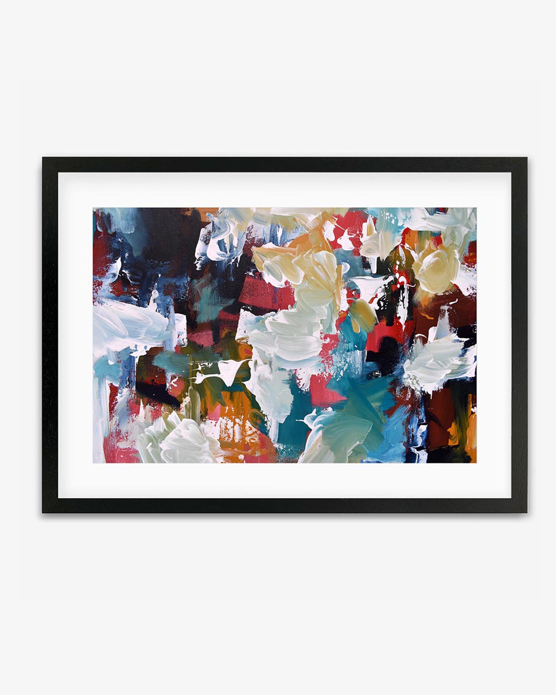 A framed art piece with abstract design, featuring bright and colorful brush strokes in shades of blue, yellow, red, and green, set in a black frame.
