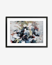 A framed abstract artwork featuring geometric patterns in shades of black, white, gray, and hints of yellow and teal.