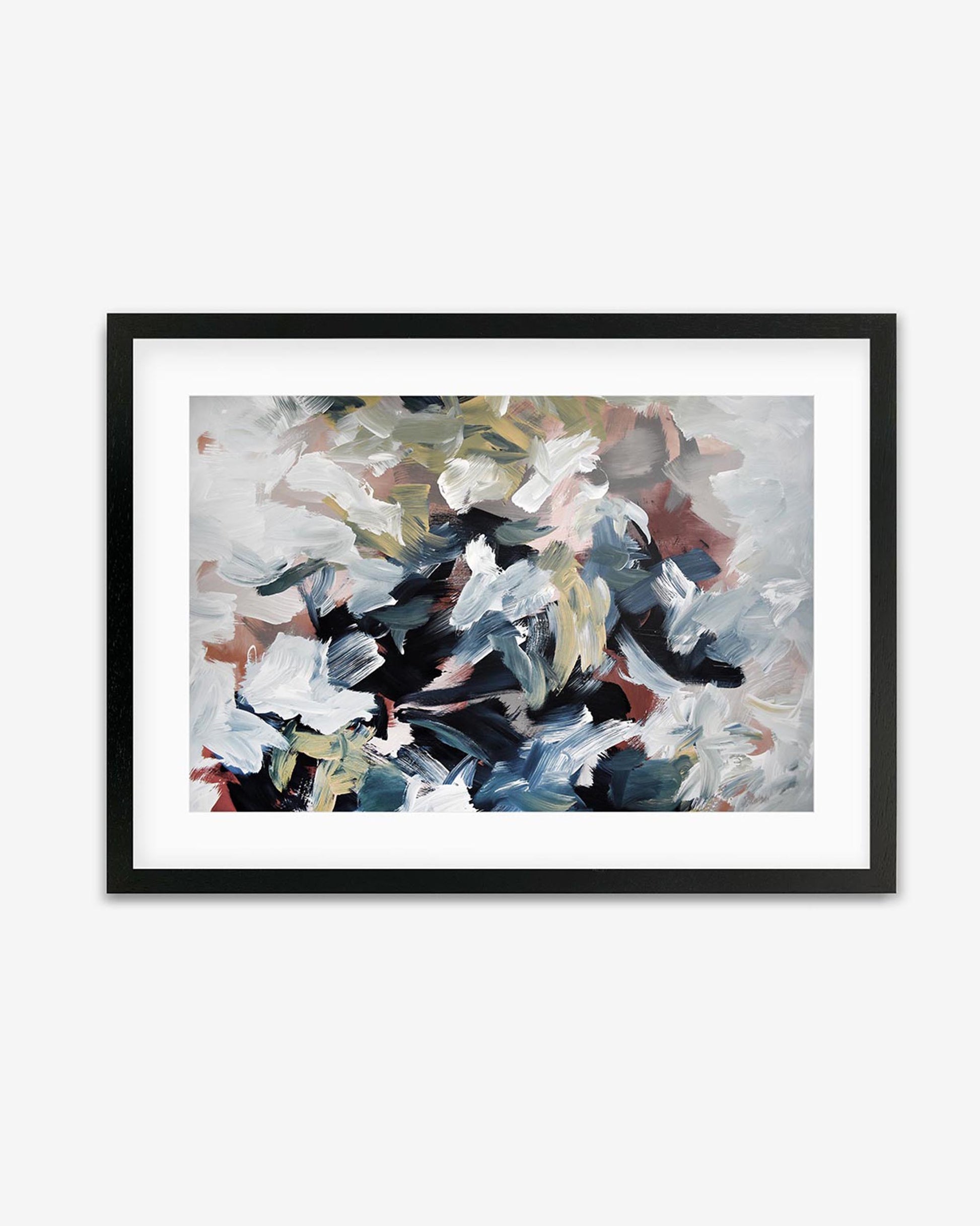 A framed abstract artwork featuring geometric patterns in shades of black, white, gray, and hints of yellow and teal.