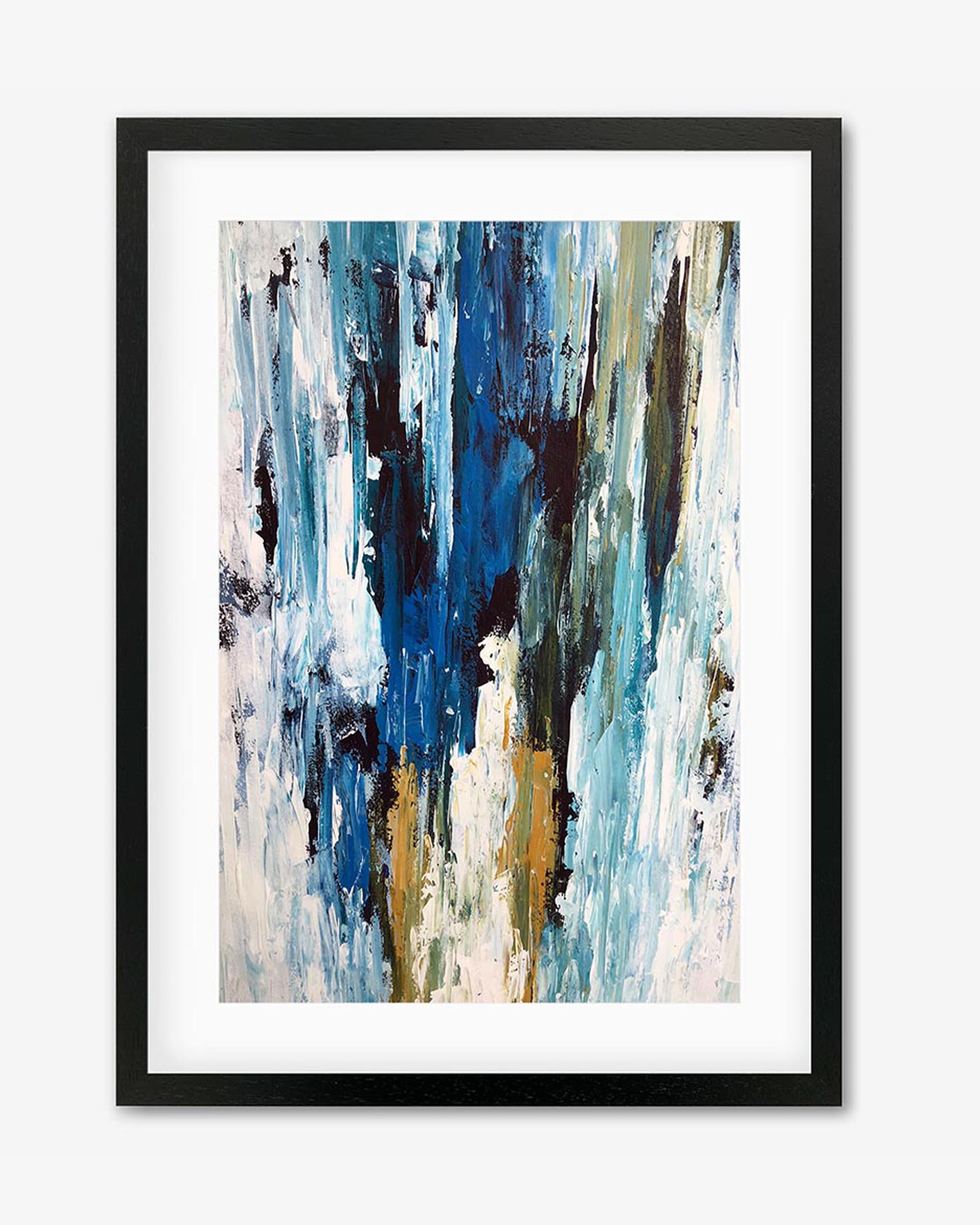A framed art piece with abstract design, predominantly in blue hues with black and white accents, displayed against a plain background.