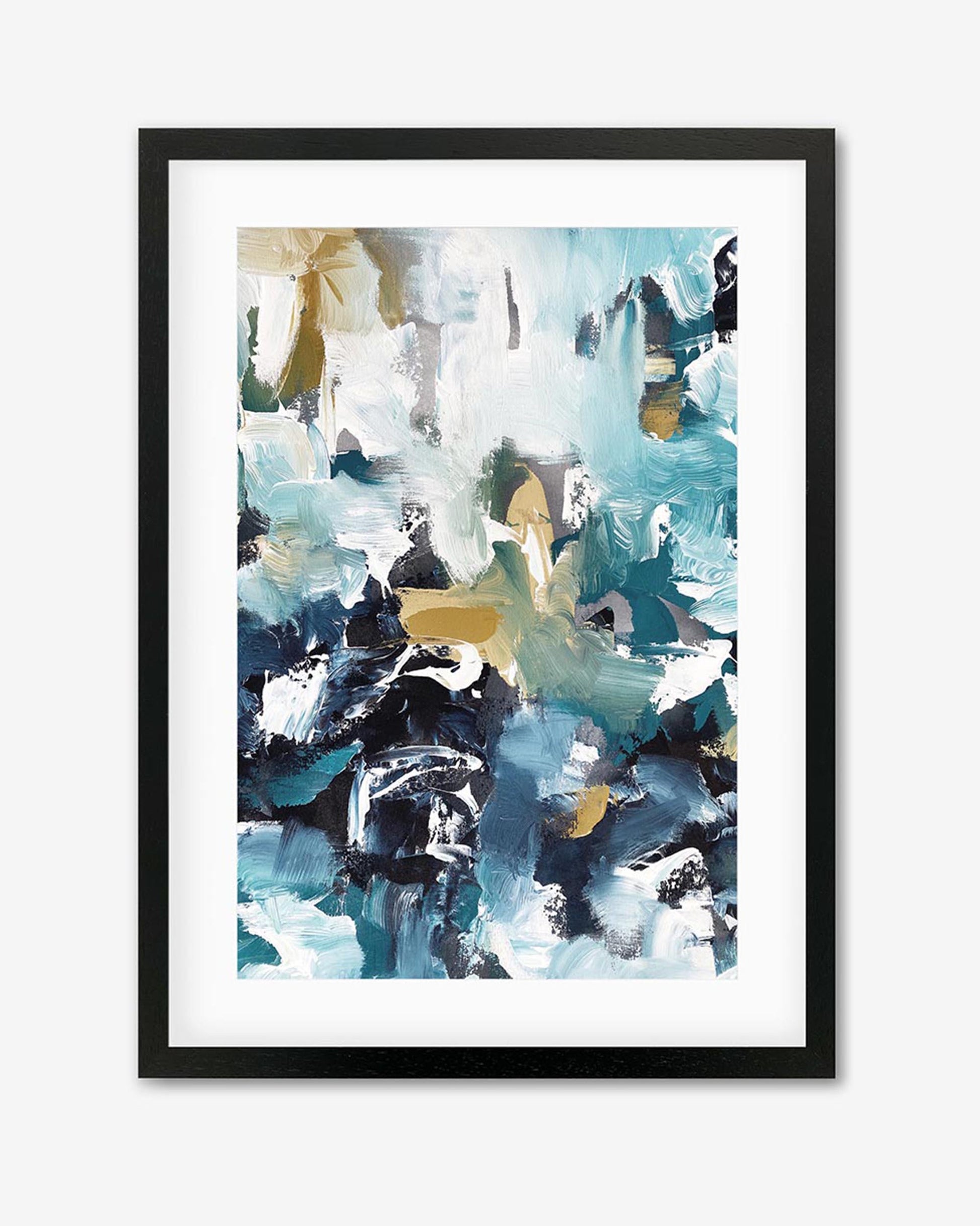 This image features the "Abstract 502 Framed Art," a visually captivating print enclosed in a simple black frame. The artwork itself is a modern abstract piece, characterized by a sophisticated blend of muted colors—primarily blues and teals, with strategic hints of mustard yellow.