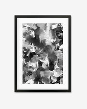 This image features the "Abstract 501 Framed Art," a modern and striking art piece. The artwork presents an intense interplay of black, white, and grey brush strokes, creating a powerful and dramatic visual effect.